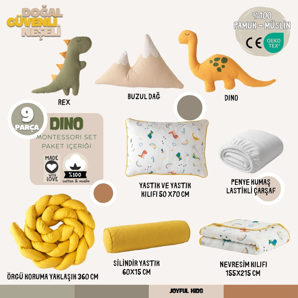 Montessori Bebek Uyku Seti Dino | Hardal Vizon | %100 Müslin 9 Parça | Joyful Kids | Bebek Uyku Seti - Joyful Kids
