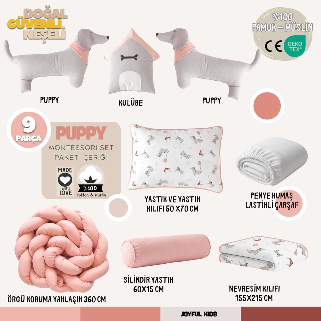Montessori Bebek Uyku Seti Puppy | Müslin Köpek Temalı 9 Parça | Joyful Kids | Bebek Uyku Seti - Joyful Kids