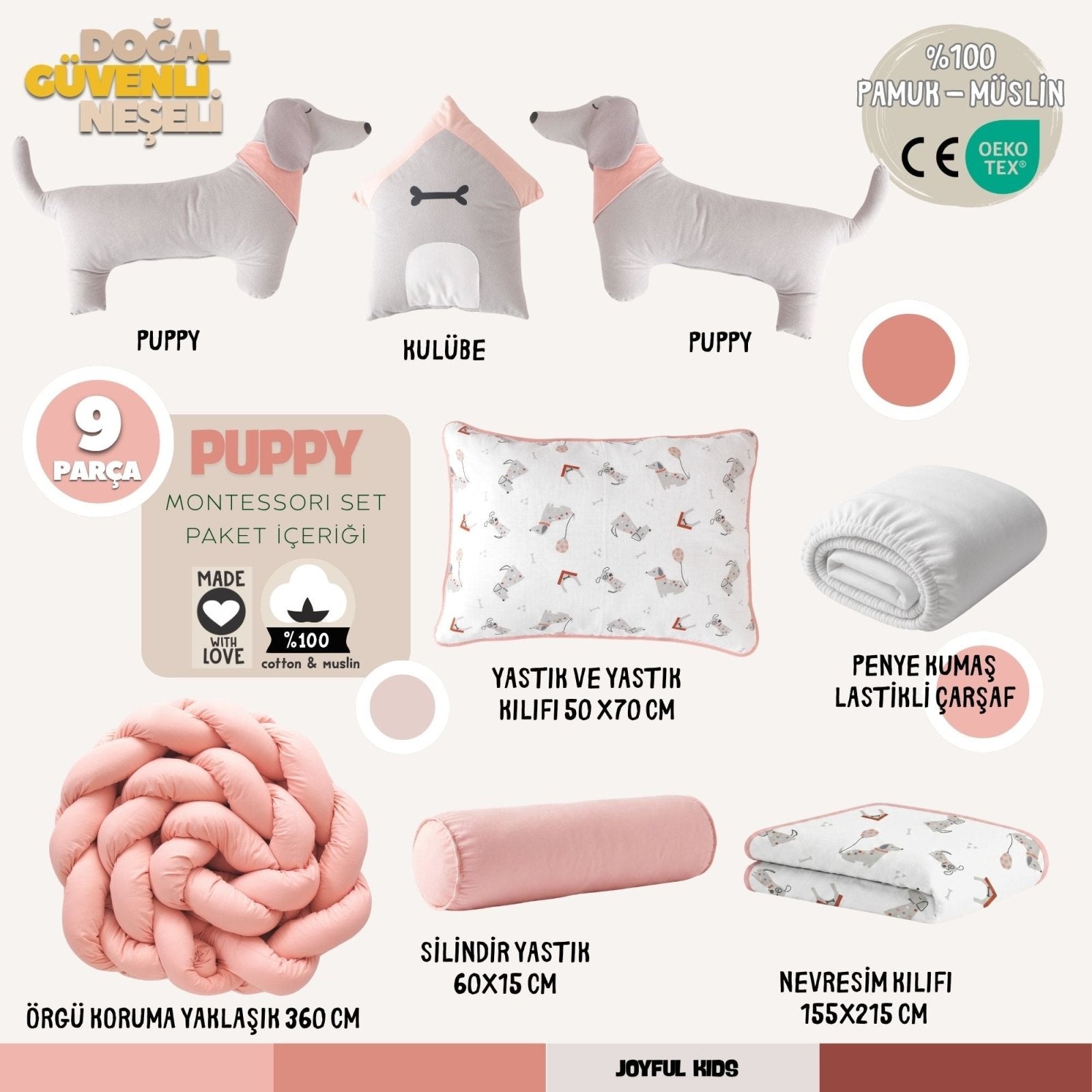 Montessori Bebek Uyku Seti Puppy | Müslin Köpek Temalı 9 Parça | Joyful Kids | Bebek Uyku Seti - Joyful Kids