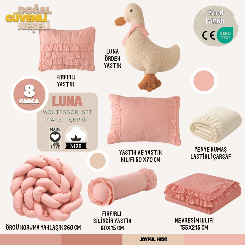 Kız Bebek Montessori Uyku Seti | Luna Pembe Fırfırlı | %100 Pamuk | Joyful Kids | Bebek Uyku Seti - Joyful Kids