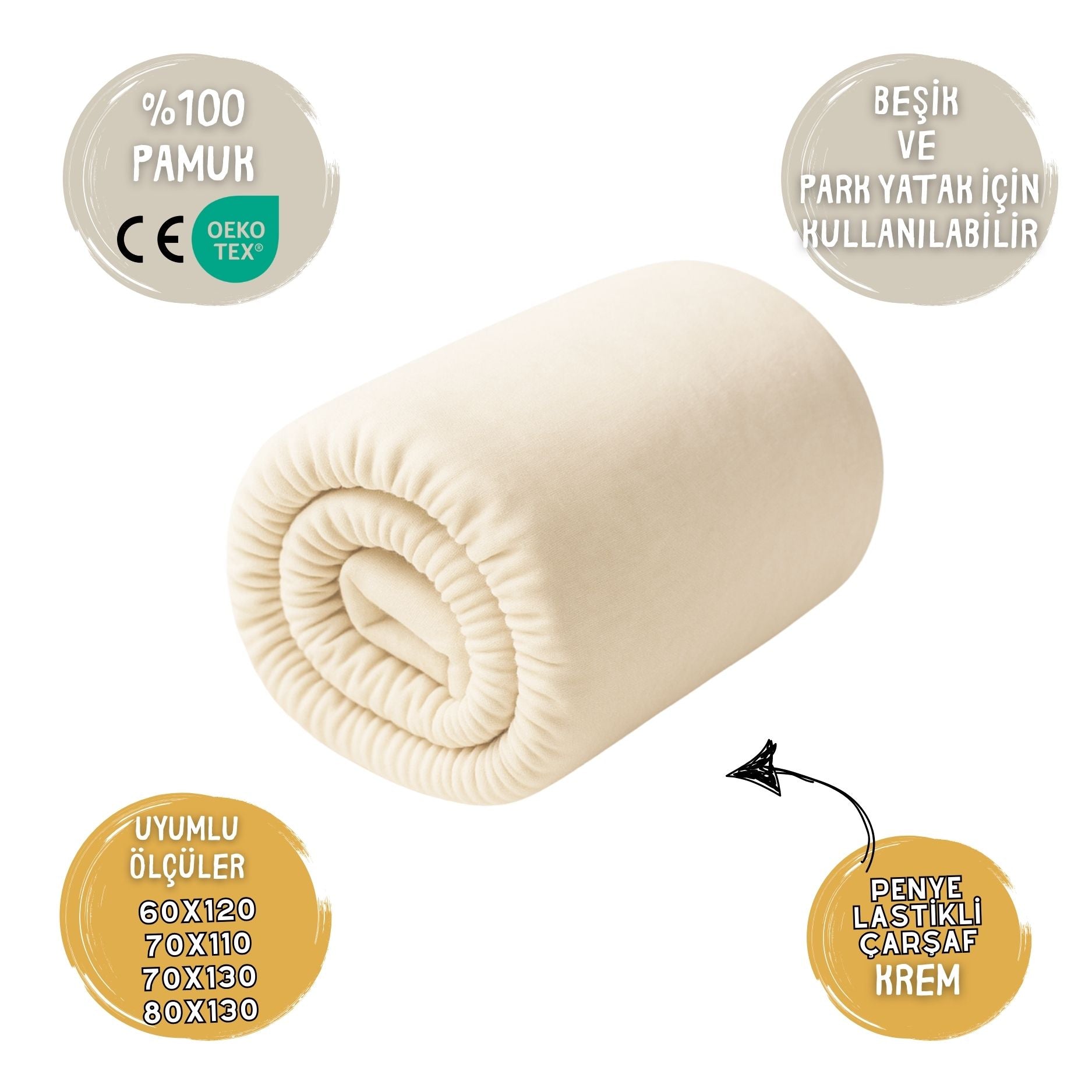 Bebek beşiği ve park yatak için %100 pamuk penye krem lastikli çarşaf.