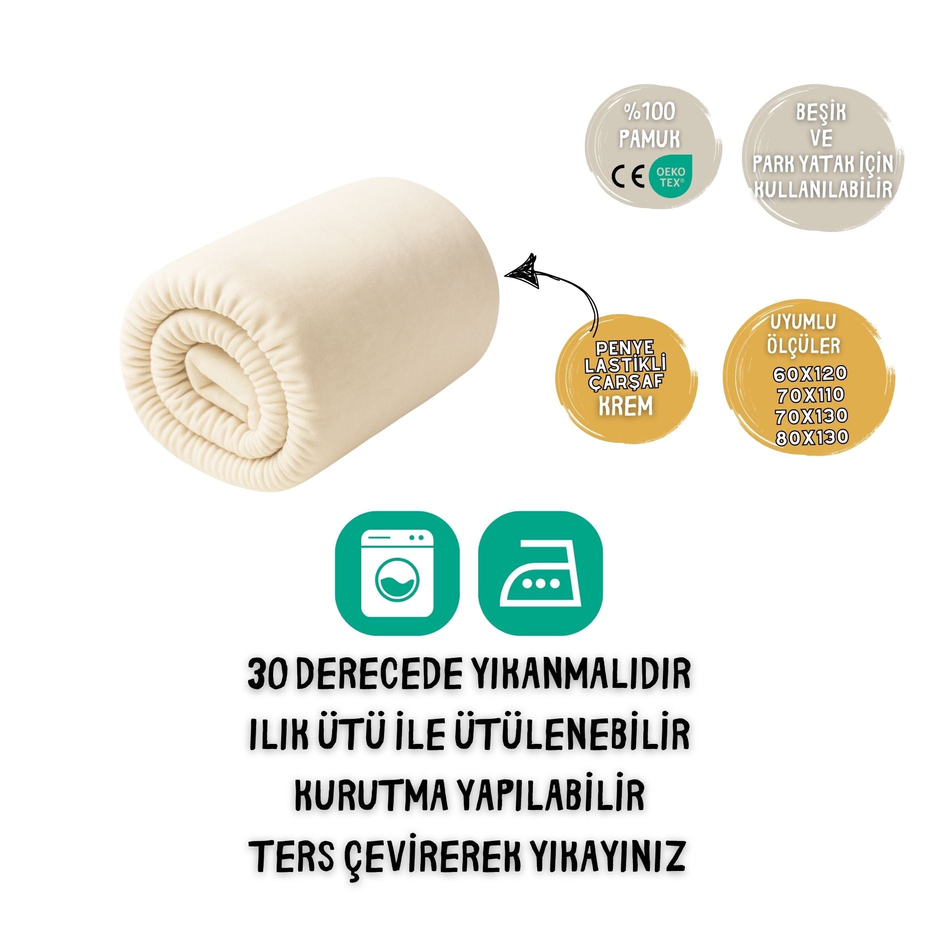 60x120 ve 70x110 oyun parkı uyumlu krem renkli esnek bebek çarşafı.