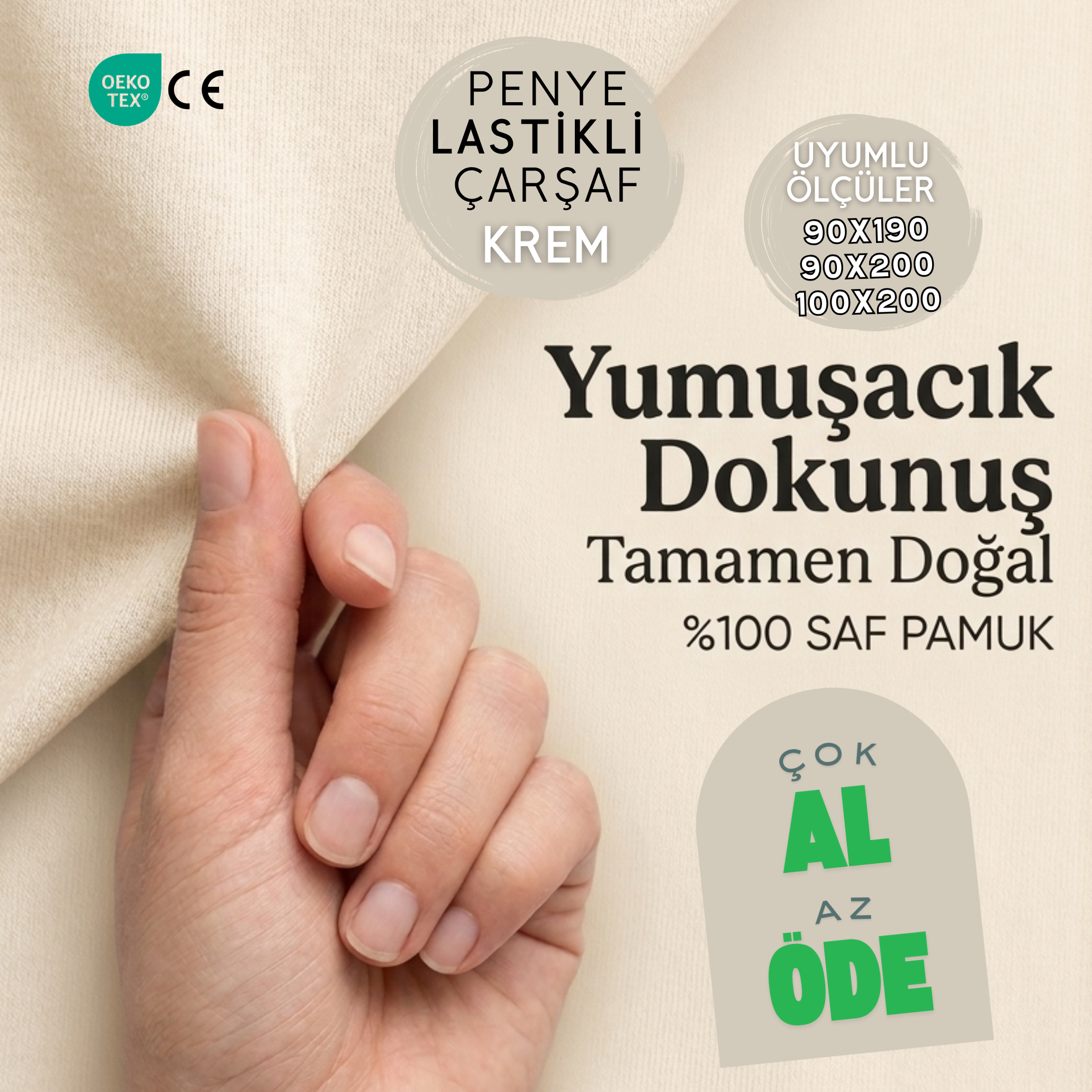 Pamuk Penye Lastikli Krem Çarşaf – Tek Kişilik & Montessori Uyumlu