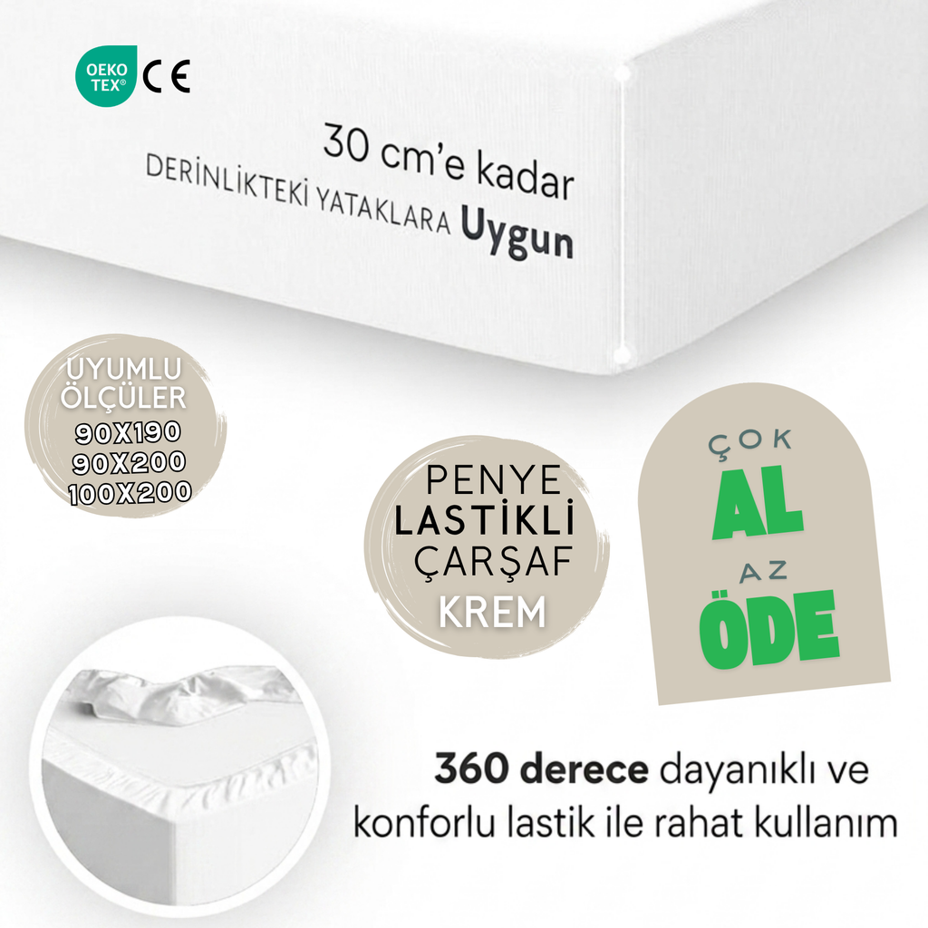 Pamuk Penye Lastikli Krem Çarşaf – Tek Kişilik & Montessori Uyumlu