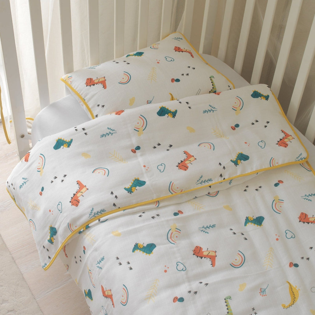 Bebek Nevresim Takımı Dino | %100 Müslin Dinozor | Antik Sarı Biye | Joyful Kids | Bebek Nevresim Seti - Joyful Kids