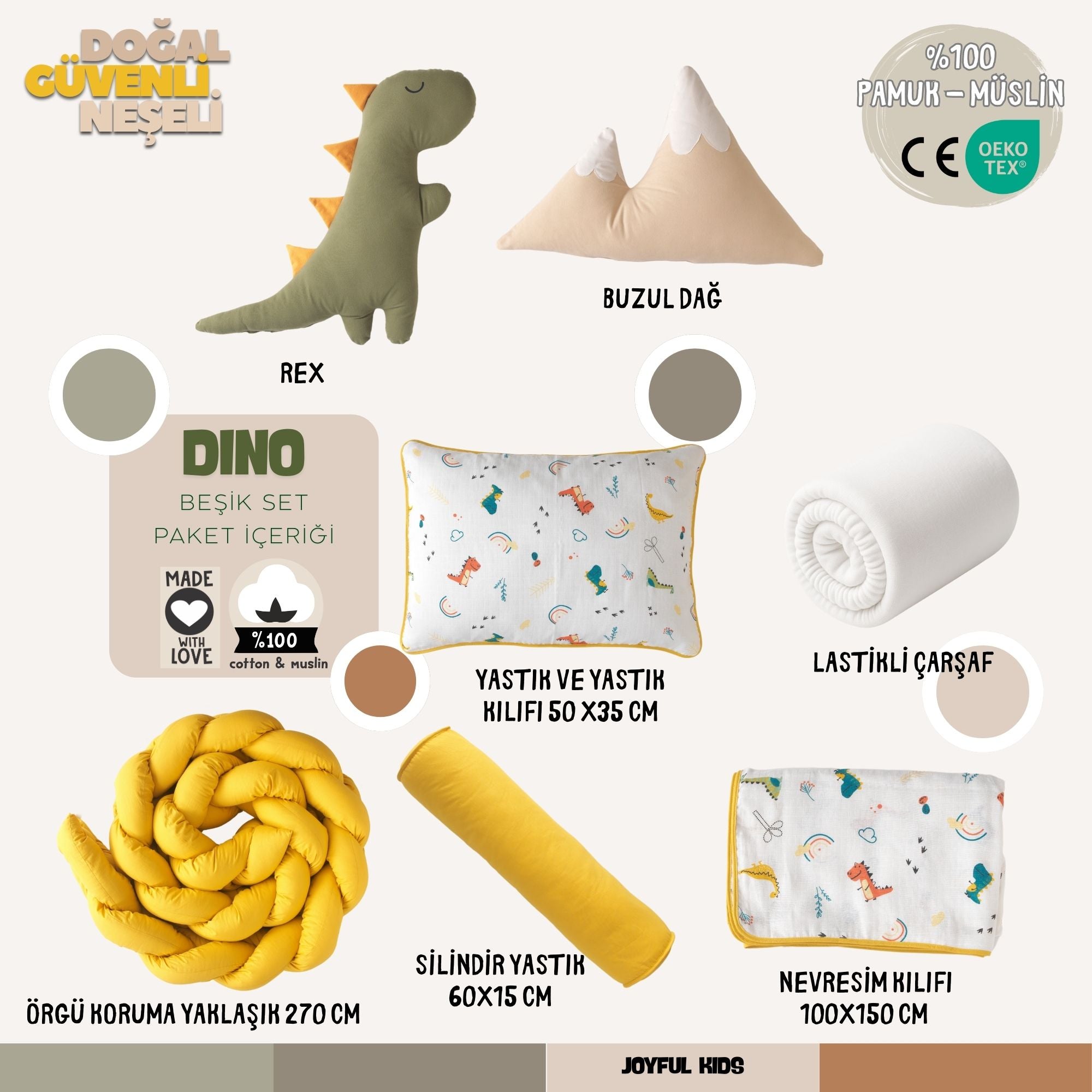 oyful Kids özel tasarım Dino serisi bebek uyku seti tam içerik görünümü.