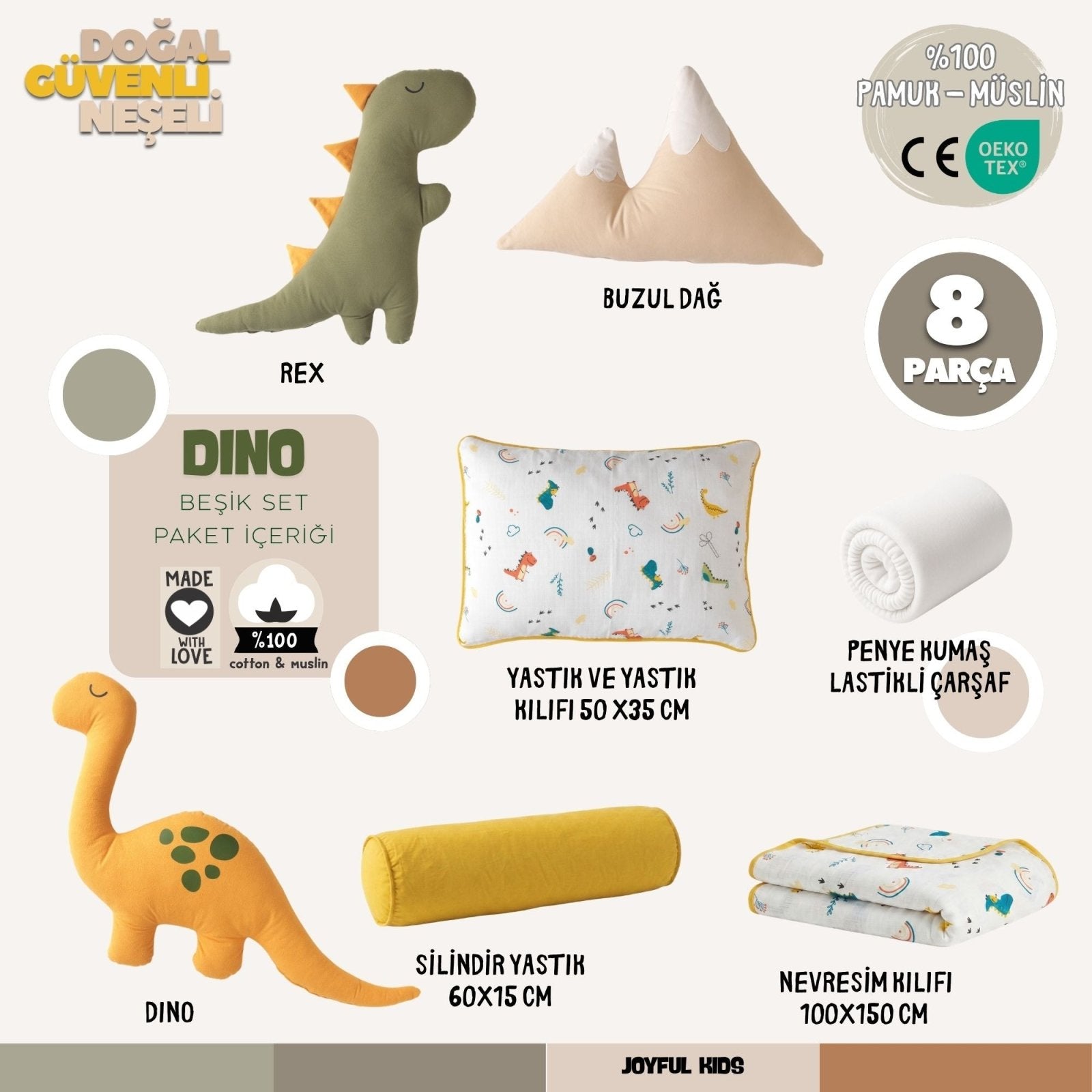 Bebek Uyku Seti Dino | Müslin Dinozor Sarı Vizon | Joyful Kids | Bebek Uyku Seti - Joyful Kids