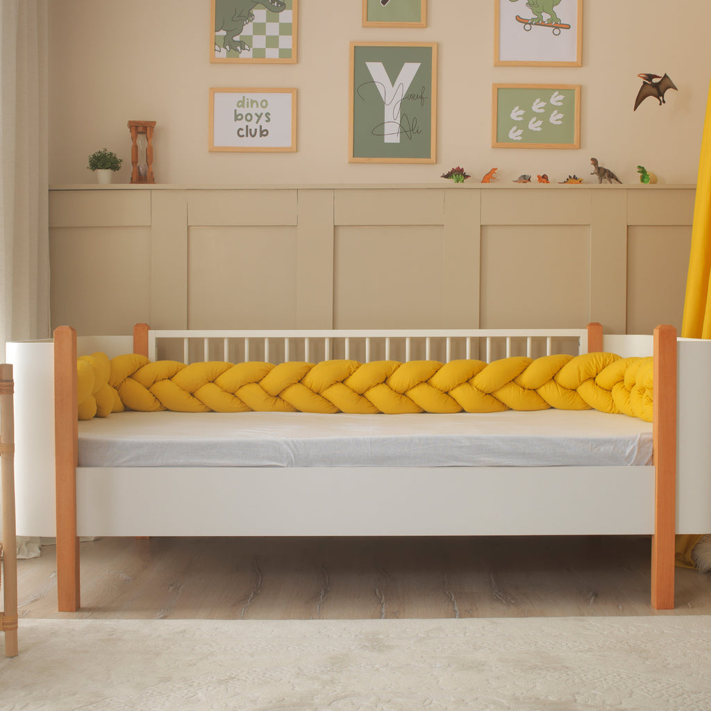 270 cm ve 360 cm seçenekli montessori yatak uyumlu sarı örgü koruma.