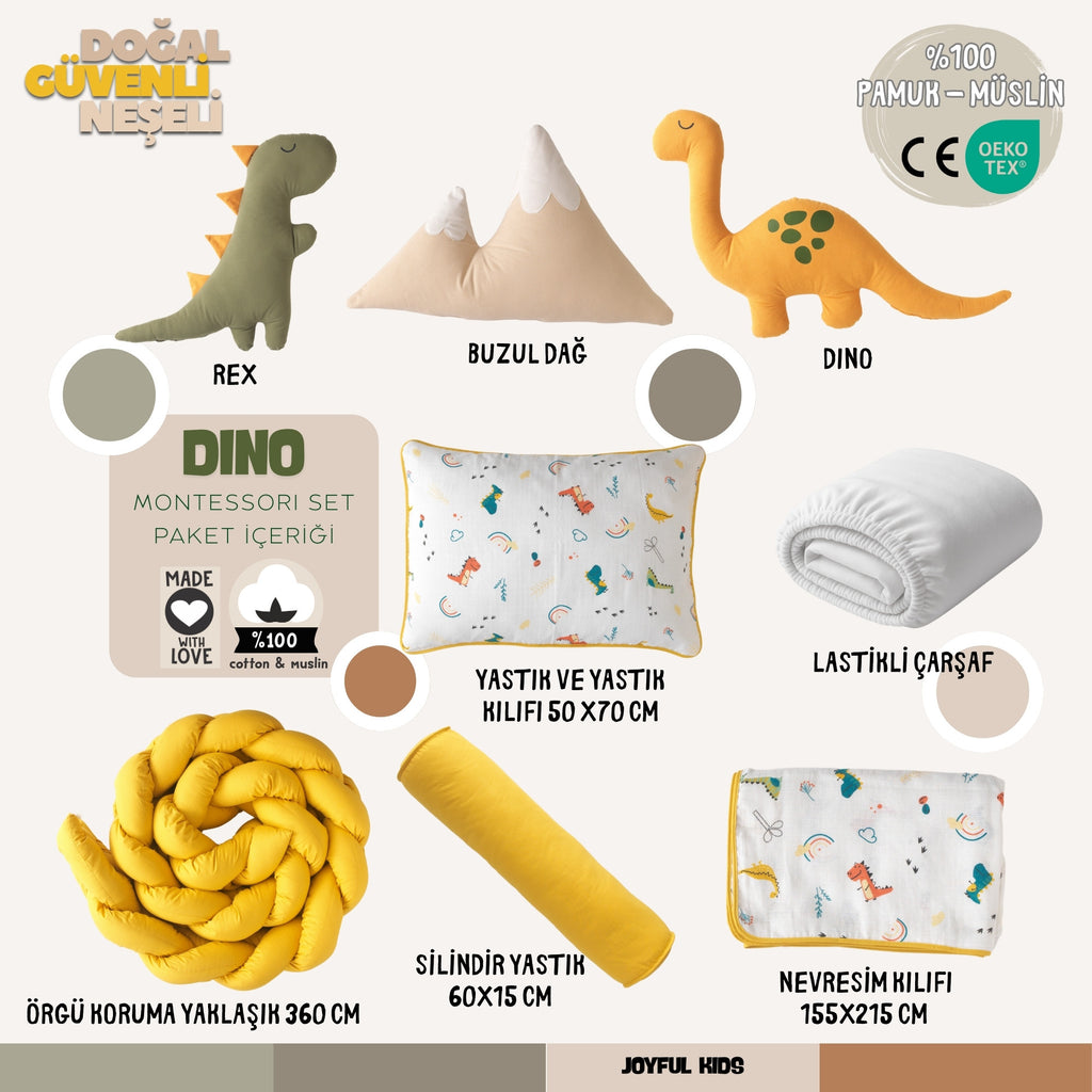 9 parça Dino Montessori set içeriği: Rex, Dino ve Buzul Dağ yastıklı tam set.