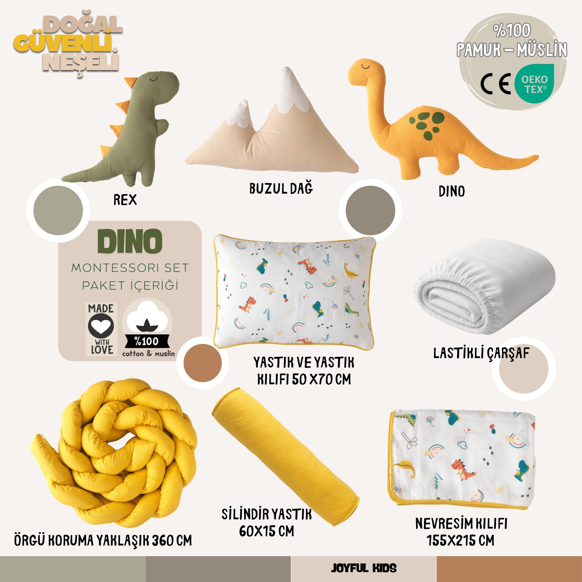 9 parça Dino Montessori set içeriği: Rex, Dino ve Buzul Dağ yastıklı tam set.