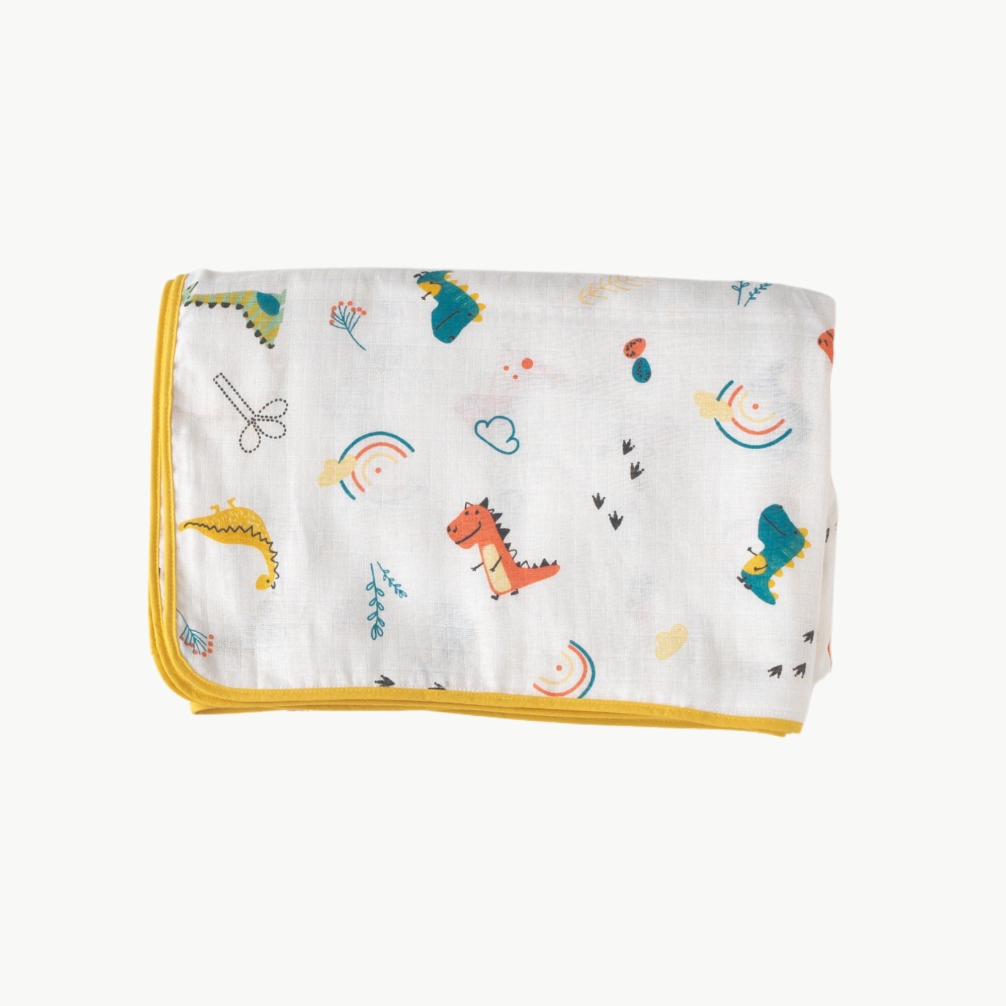 Dinozor desenli antik sarı biyeli %100 pamuk müslin nevresim kılıfı.