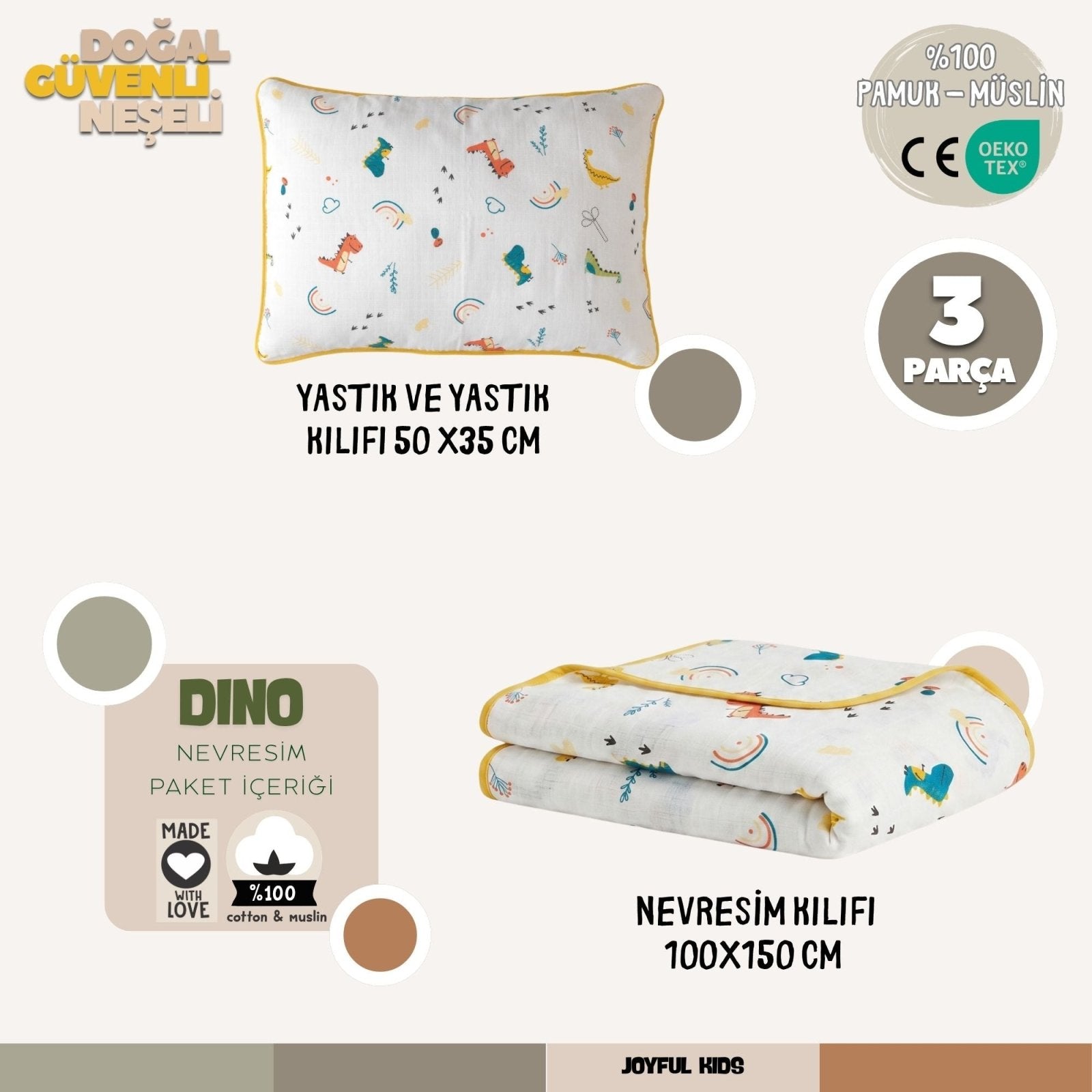Bebek Nevresim Takımı Dino | %100 Müslin Dinozor | Antik Sarı Biye | Joyful Kids | Bebek Nevresim Seti - Joyful Kids