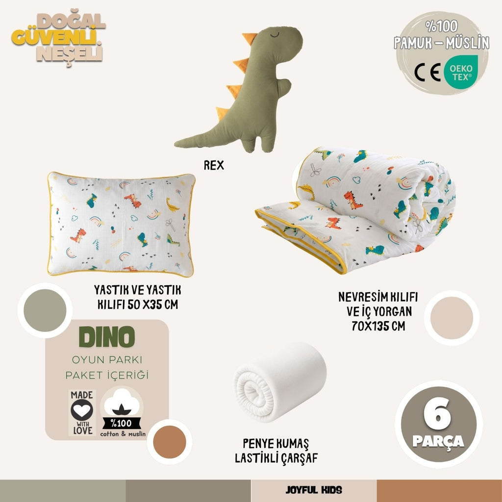 Oyun Parkı Uyku Seti Dino Serisi | Rex & Sevimli Dinozorlar | %100 Müslin 6 Parça | Joyful Kids | Bebek Uyku Seti - Joyful Kids