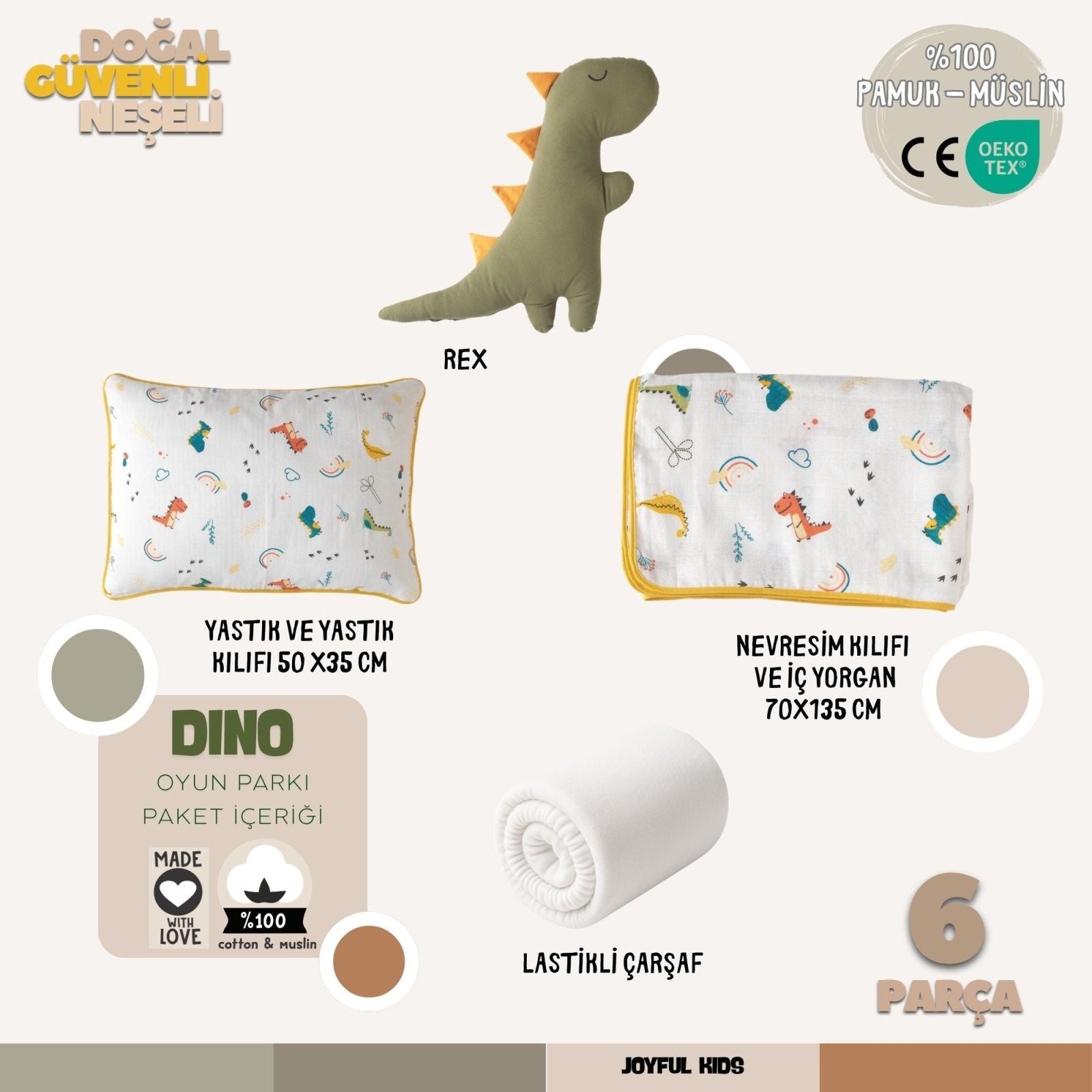 Oyun Parkı Uyku Seti Dino Serisi | Rex & Sevimli Dinozorlar | %100 Müslin 6 Parça | Joyful Kids | Bebek Uyku Seti - Joyful Kids