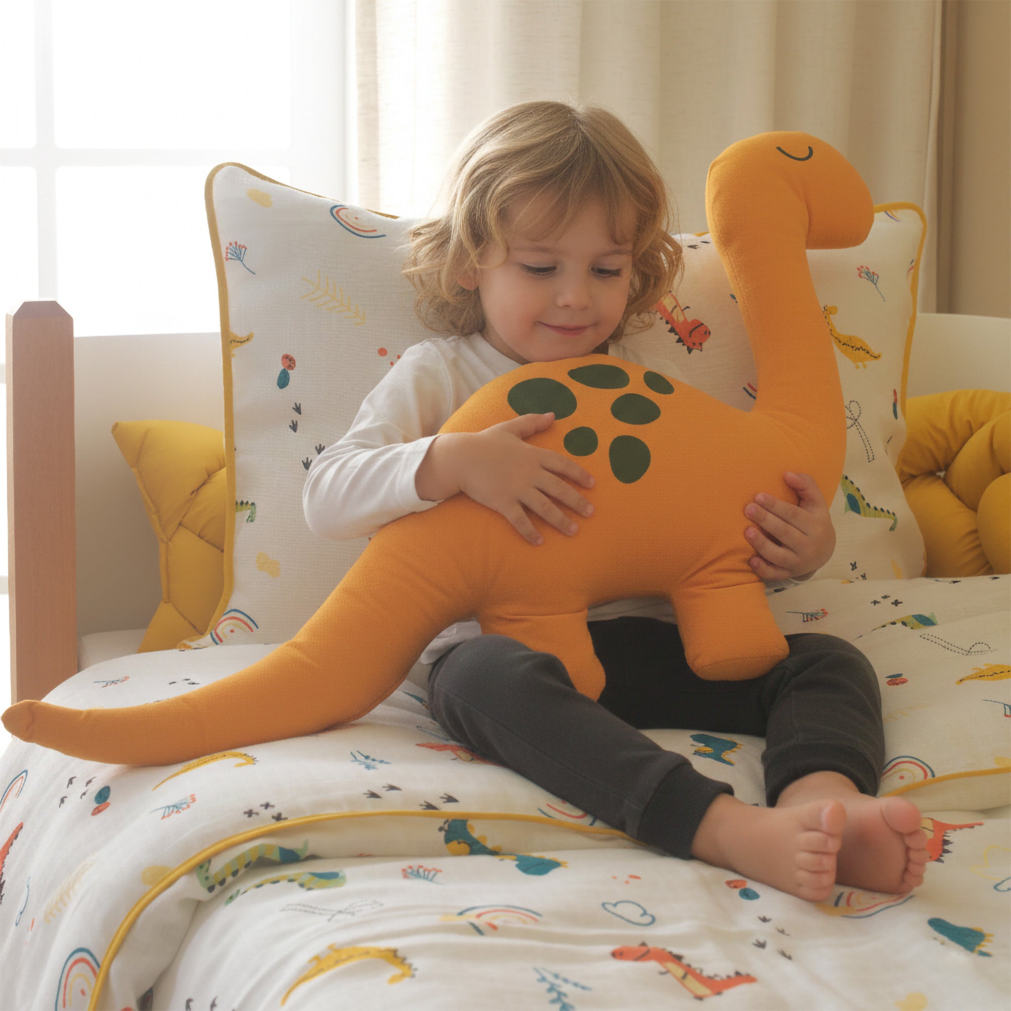 Sarı Dino, yeşil Rex ve vizon Buzul Dağ figürlü dekoratif uyku arkadaşları ile oynayan çocuk