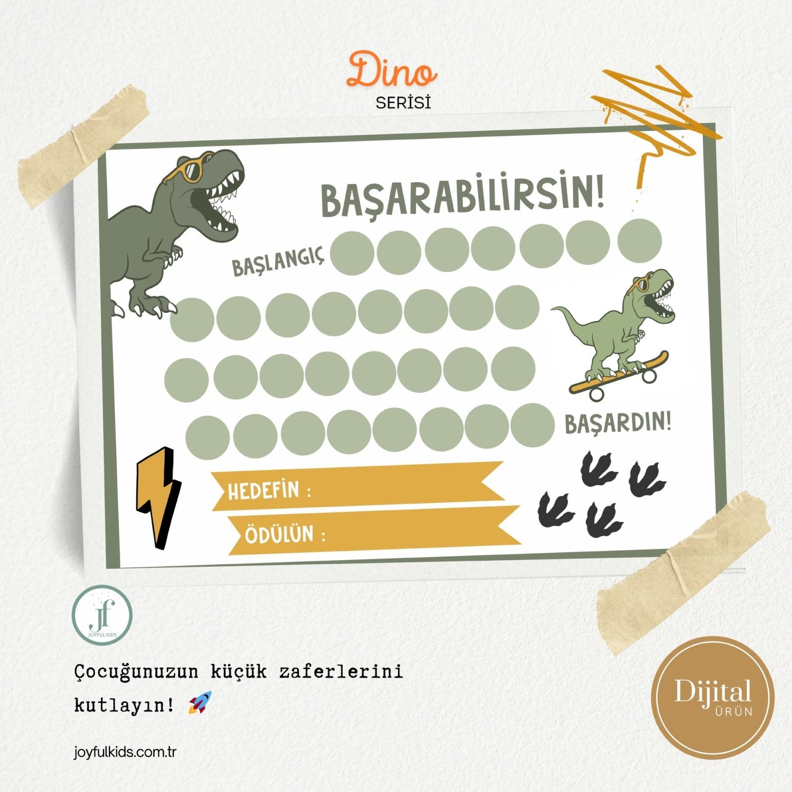 Başarabilirsin! Dino Temalı Çocuk Hedef ve Ödül Takip Kartı | Dijital İndirme | Dijital İndirilebilir Ürün - Joyful Kids