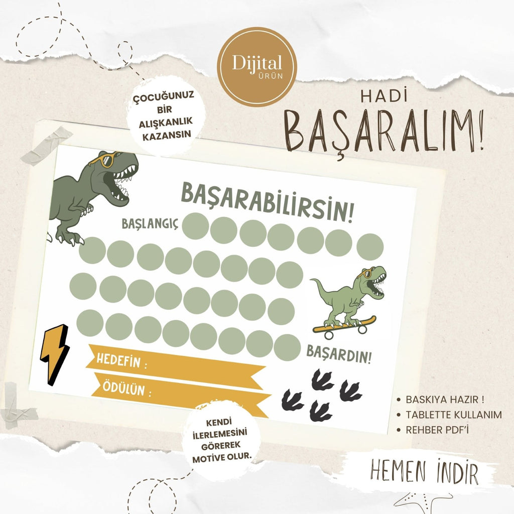 Başarabilirsin! Dino Temalı Çocuk Hedef ve Ödül Takip Kartı | Dijital İndirme | Dijital İndirilebilir Ürün - Joyful Kids