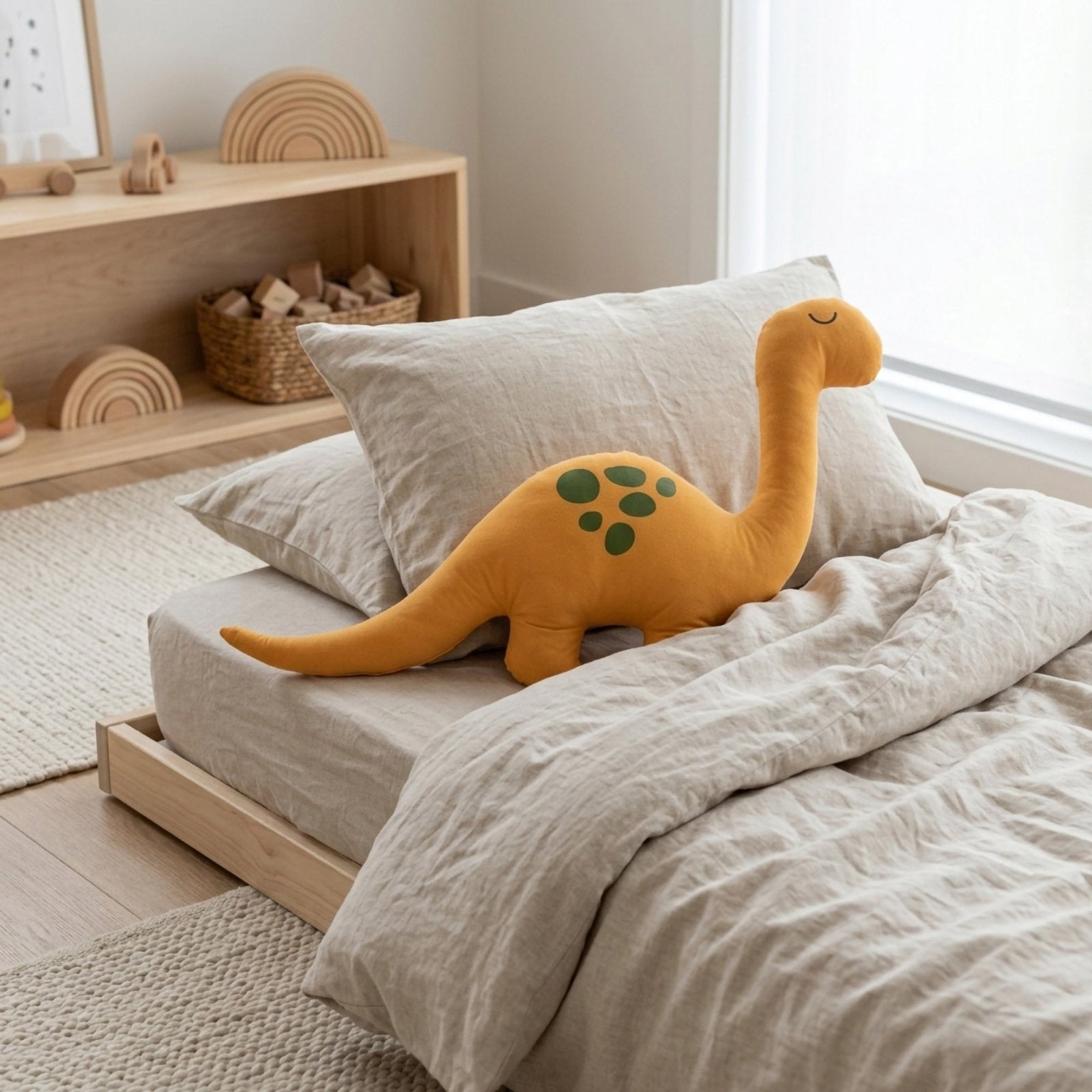 Sarı Dino Uyku Arkadaşı – Pamuksu Yüzey Alcantara (80x50 cm) | Uyku Arkadaşı - Joyful Kids