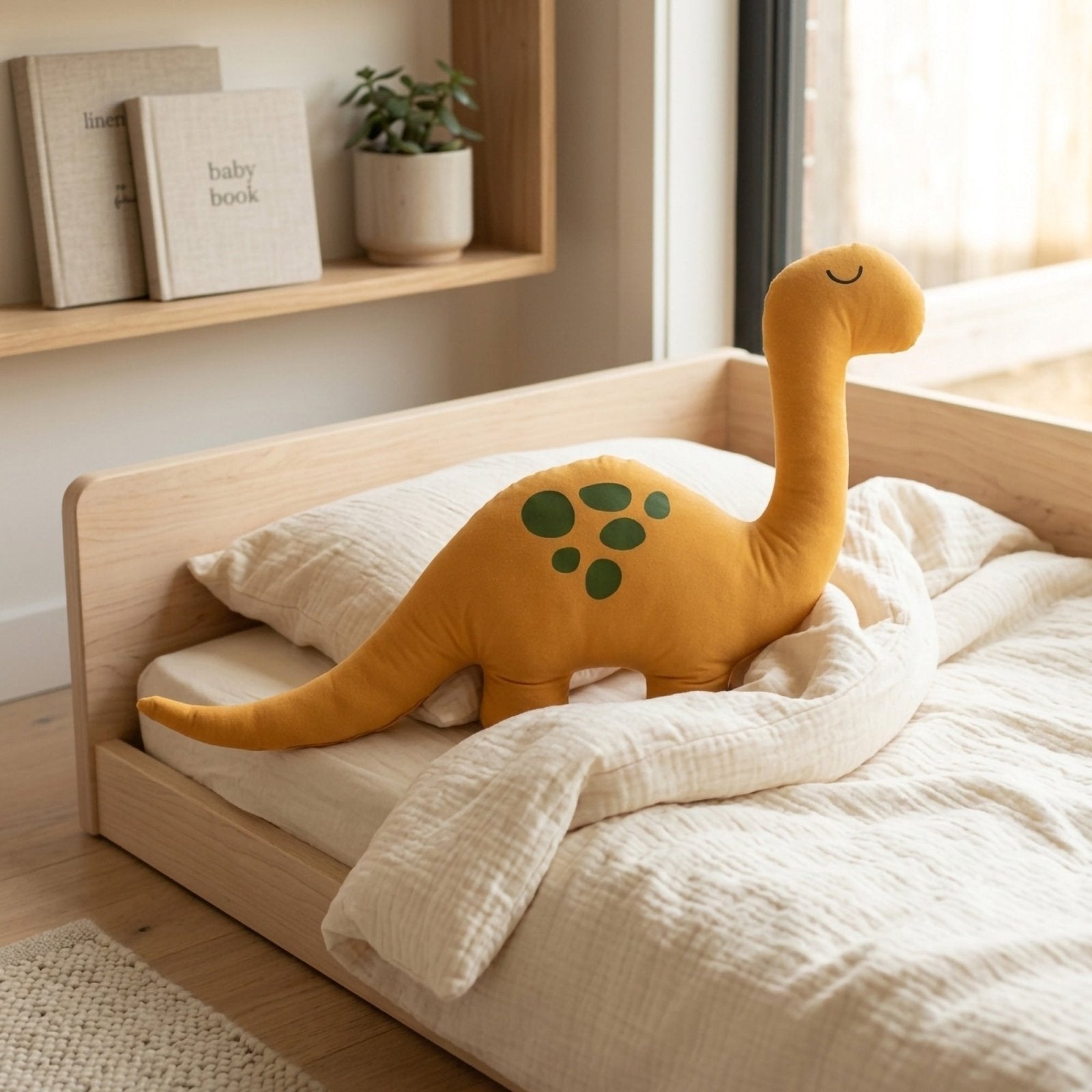 Sarı Dino Uyku Arkadaşı – Pamuksu Yüzey Alcantara (80x50 cm) | Uyku Arkadaşı - Joyful Kids