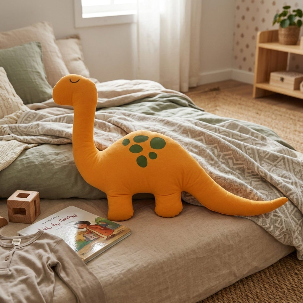 Sarı Dino Uyku Arkadaşı – Pamuksu Yüzey Alcantara (80x50 cm) | Uyku Arkadaşı - Joyful Kids