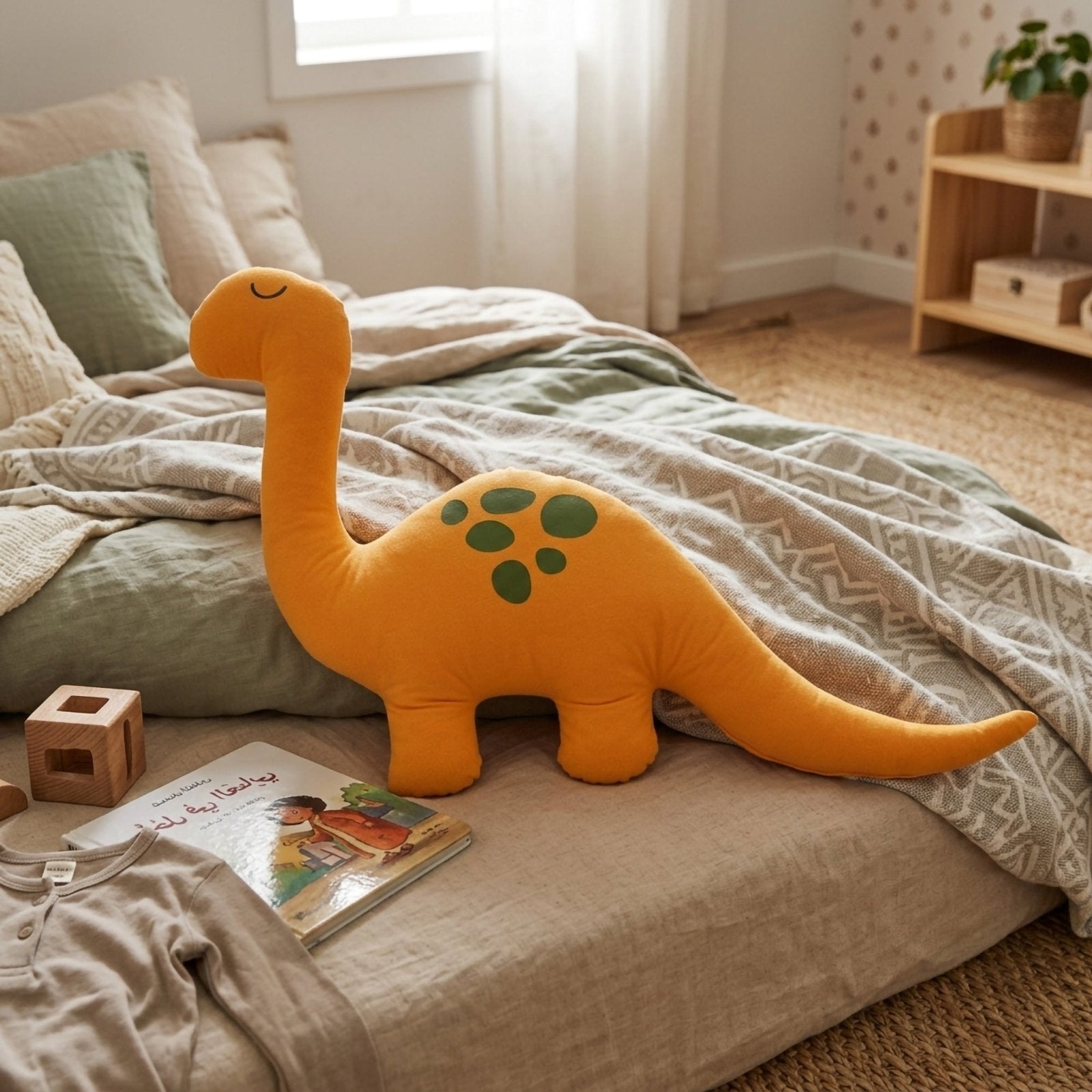 Sarı Dino Uyku Arkadaşı – Pamuksu Yüzey Alcantara (80x50 cm) | Uyku Arkadaşı - Joyful Kids