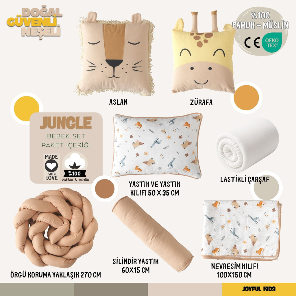 Toprak tonlarında tasarlanmış safari temalı 8 parçalık tam bebek uyku seti görünümü.