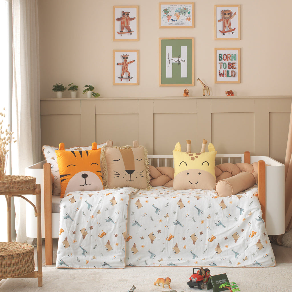 Montessori yatağı için vizon rengi üçlü örgü kenar koruma yastığı 360 cm.