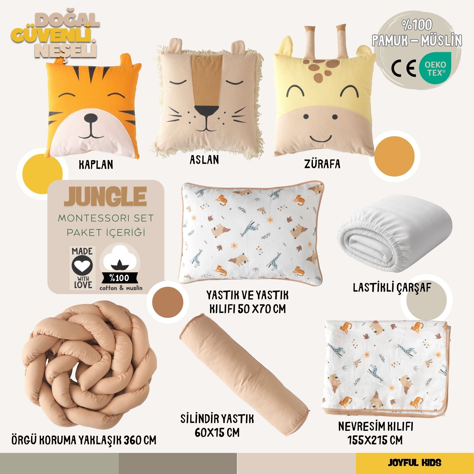 9 parça Jungle Montessori set içeriği: Kaplan, aslan ve zürafa yastıklı tam set.