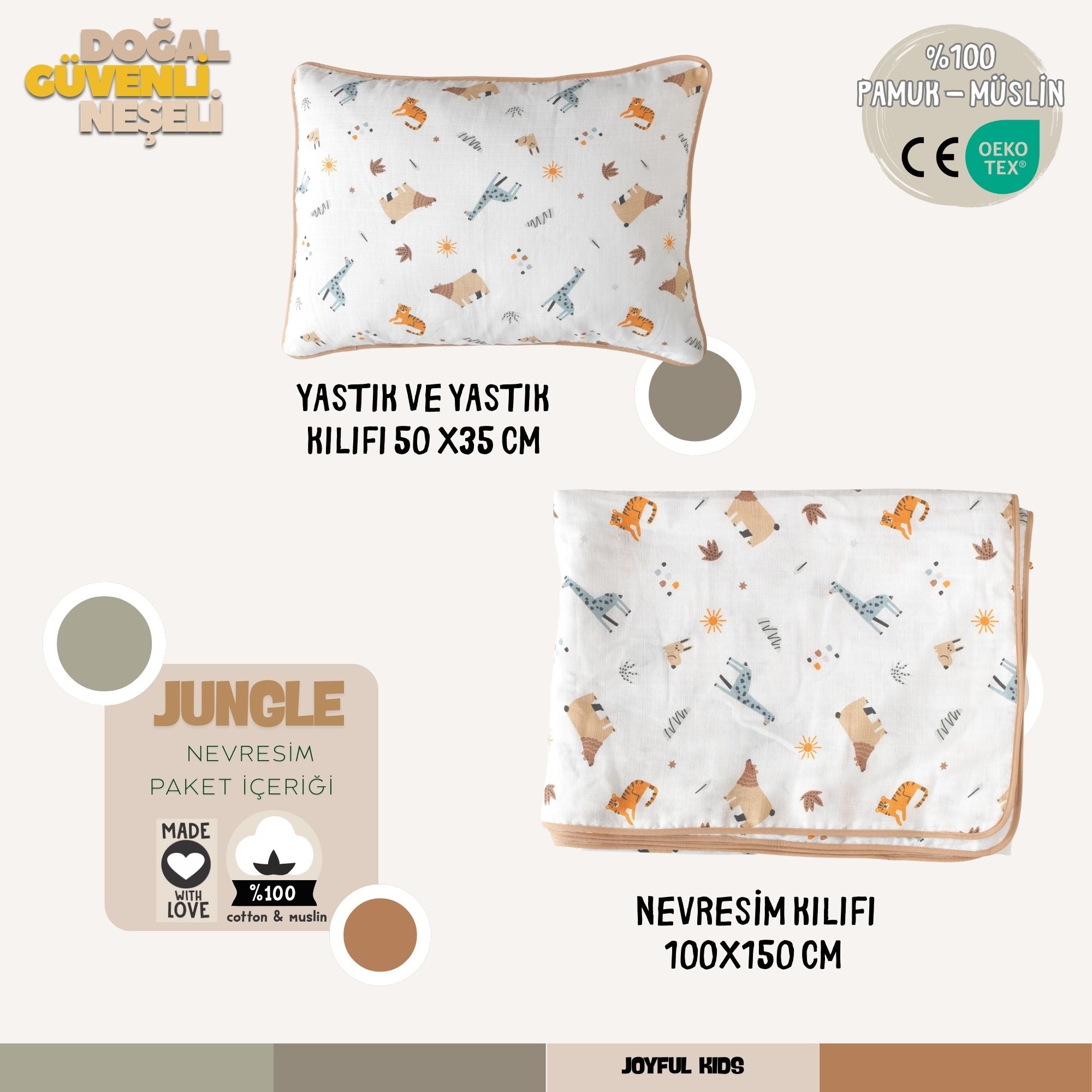 100x150 cm nevresim, yastık kılıfı ve iç yastıktan oluşan Jungle safari ürün paketi.