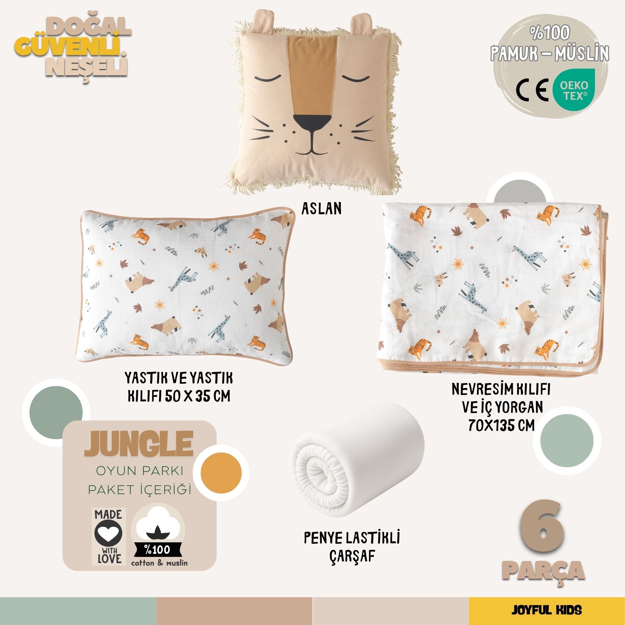 Oyun Parkı Uyku Seti Jungle Serisi | Aslan & Safari Hayvanları | %100 Müslin 6 Parça | Joyful Kids
