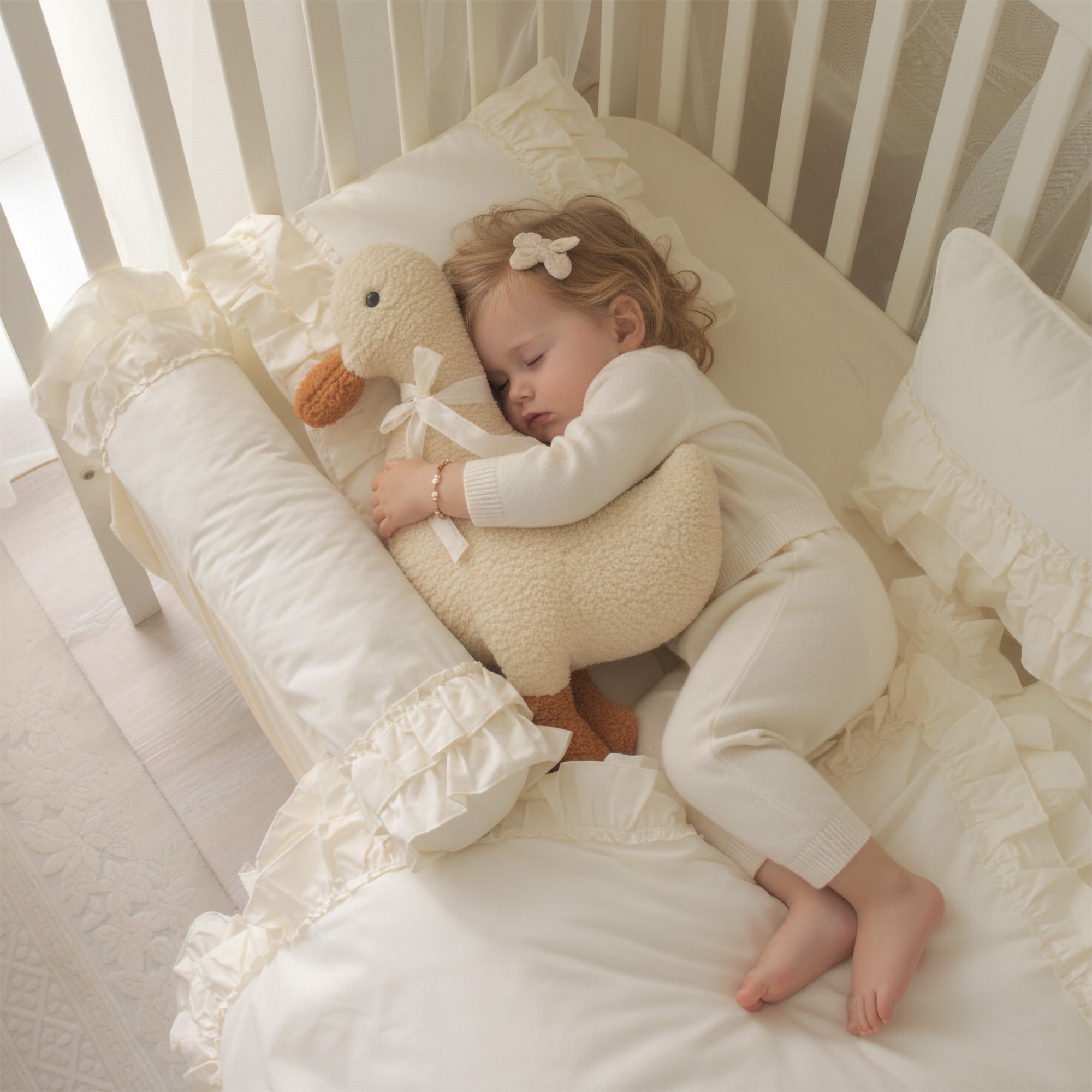 sevimli luna ördeğe sarılarak uyuyan bebek.