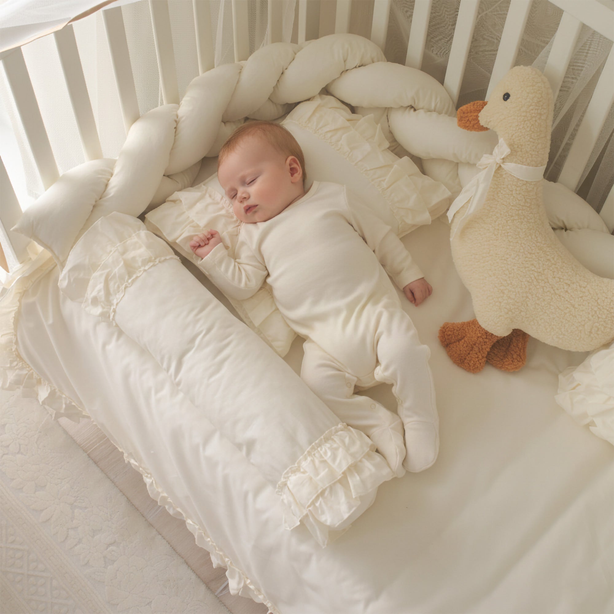 Luna Krem fırfırlı ve ördek figürlü bebek beşiği, bebek uyku hali.