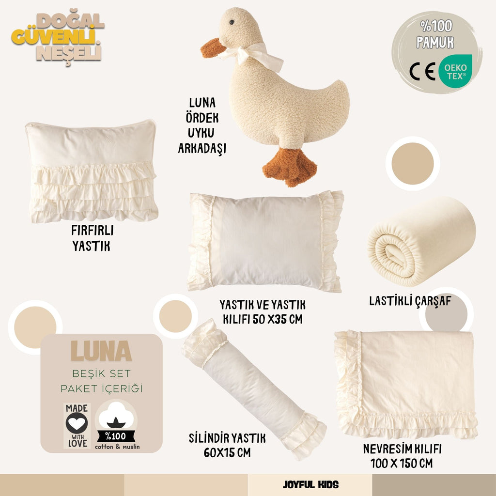  Krem temalı bebek odaları için 7 parçadan oluşan tam içerik görünümü.