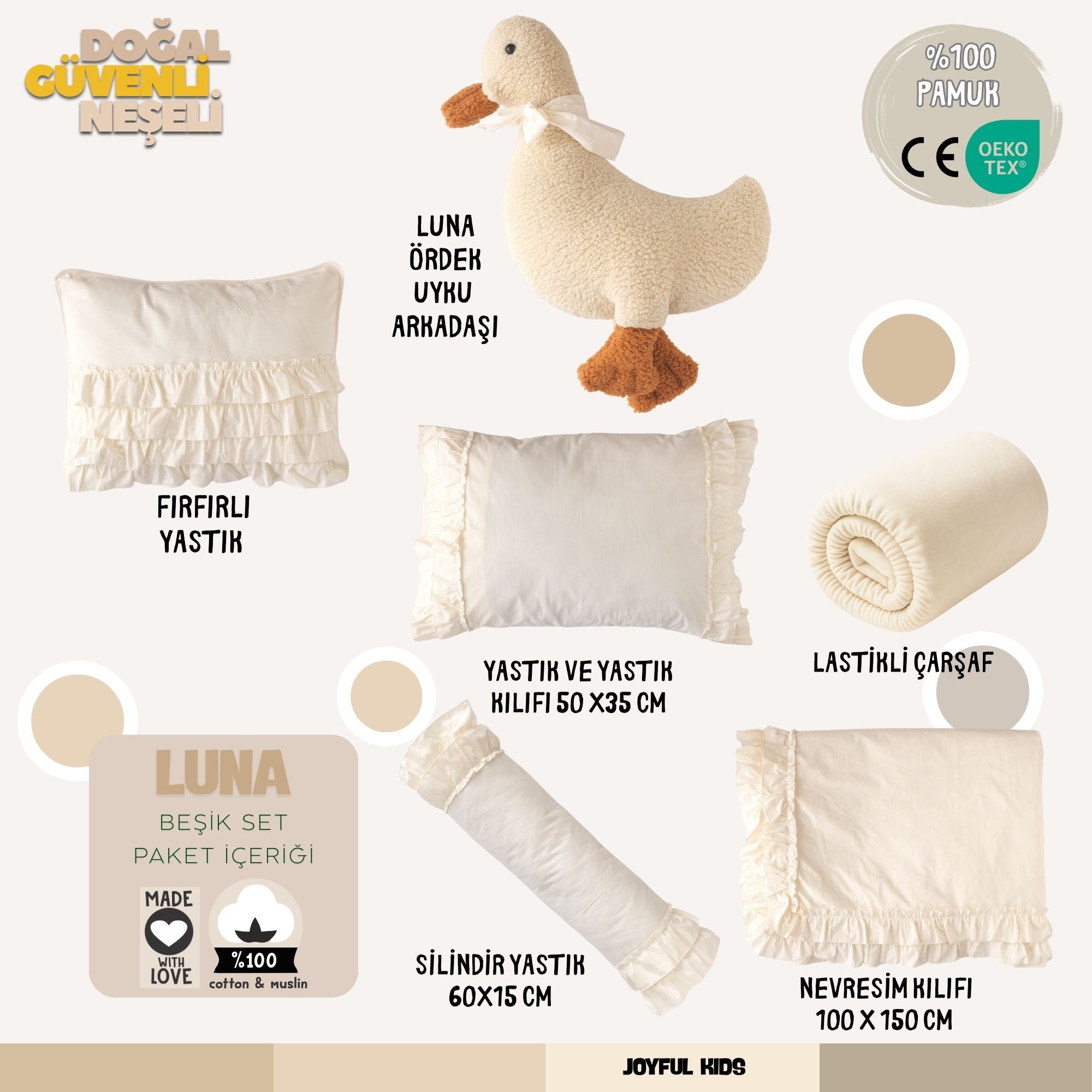  Krem temalı bebek odaları için 7 parçadan oluşan tam içerik görünümü.