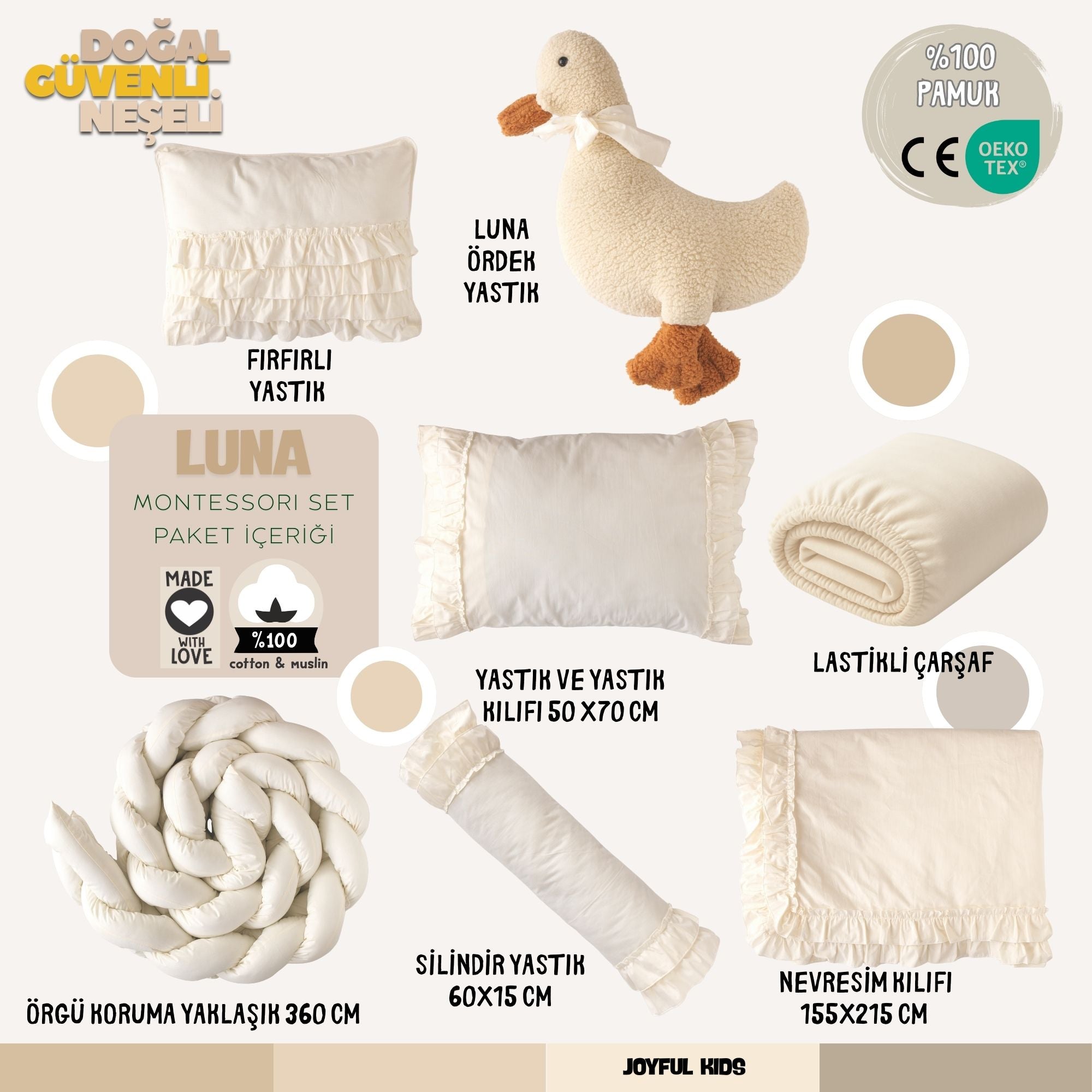 8 parça tam set %100 pamuk fırfırlı Montessori uyku seti içeriği