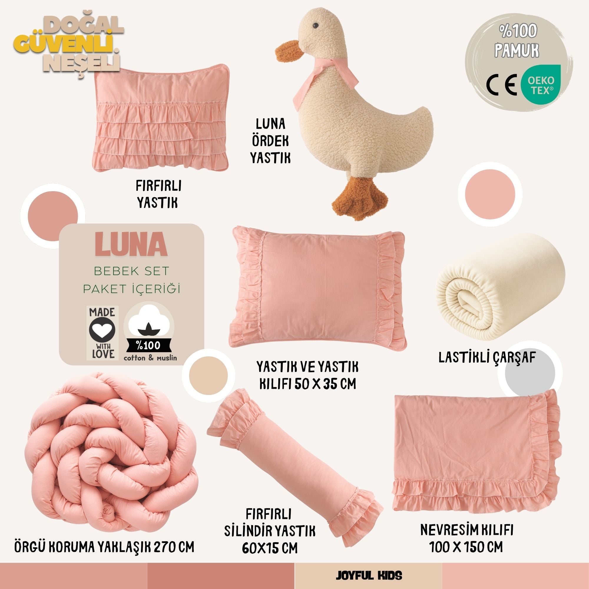 Pembe temalı bebek odaları için 9 parçalık tam uyku seti paket görünümü.