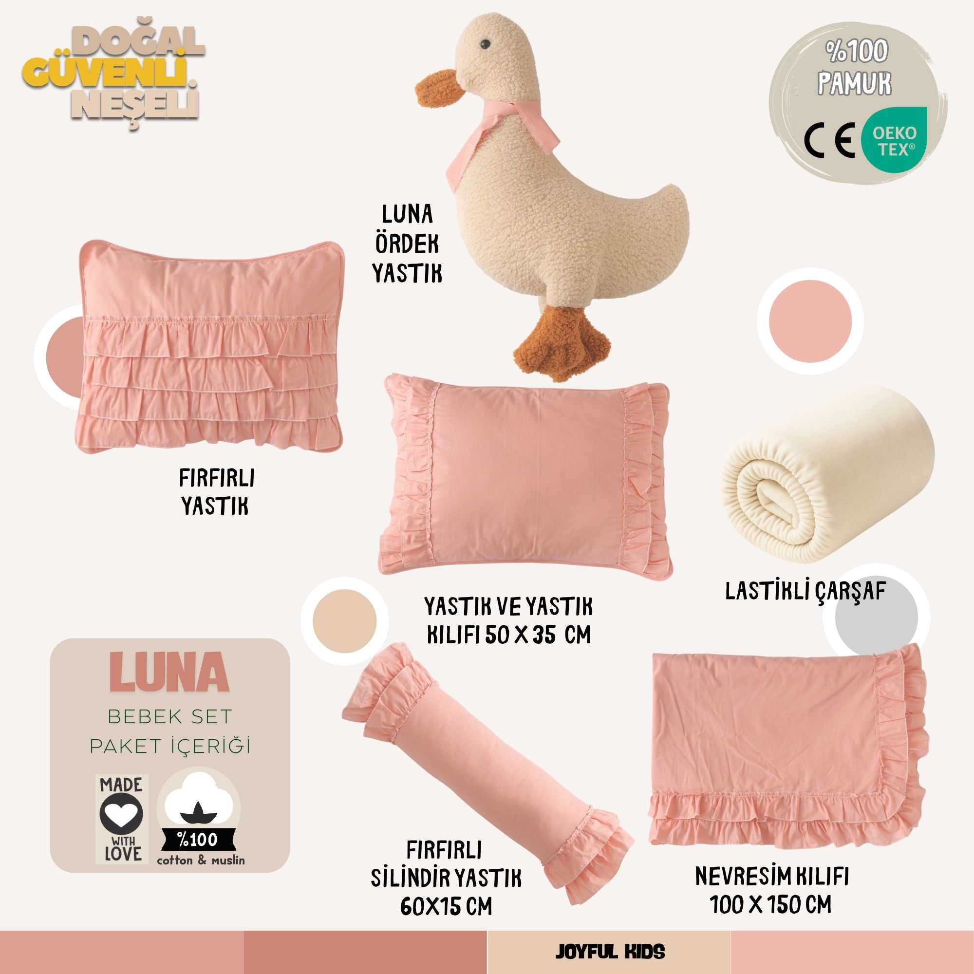 Pembe tonlarında tasarlanmış 7 parça tam bebek uyku seti ürün içeriği.