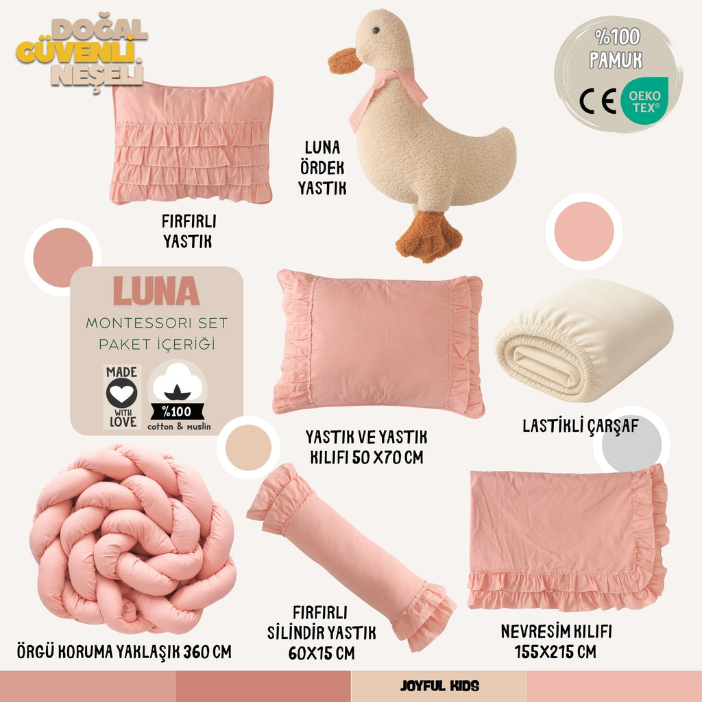 8 parça Luna Pembe Montessori uyku seti içeriği; örgü koruma, Welsoft ördek yastık, pamuk nevresim.