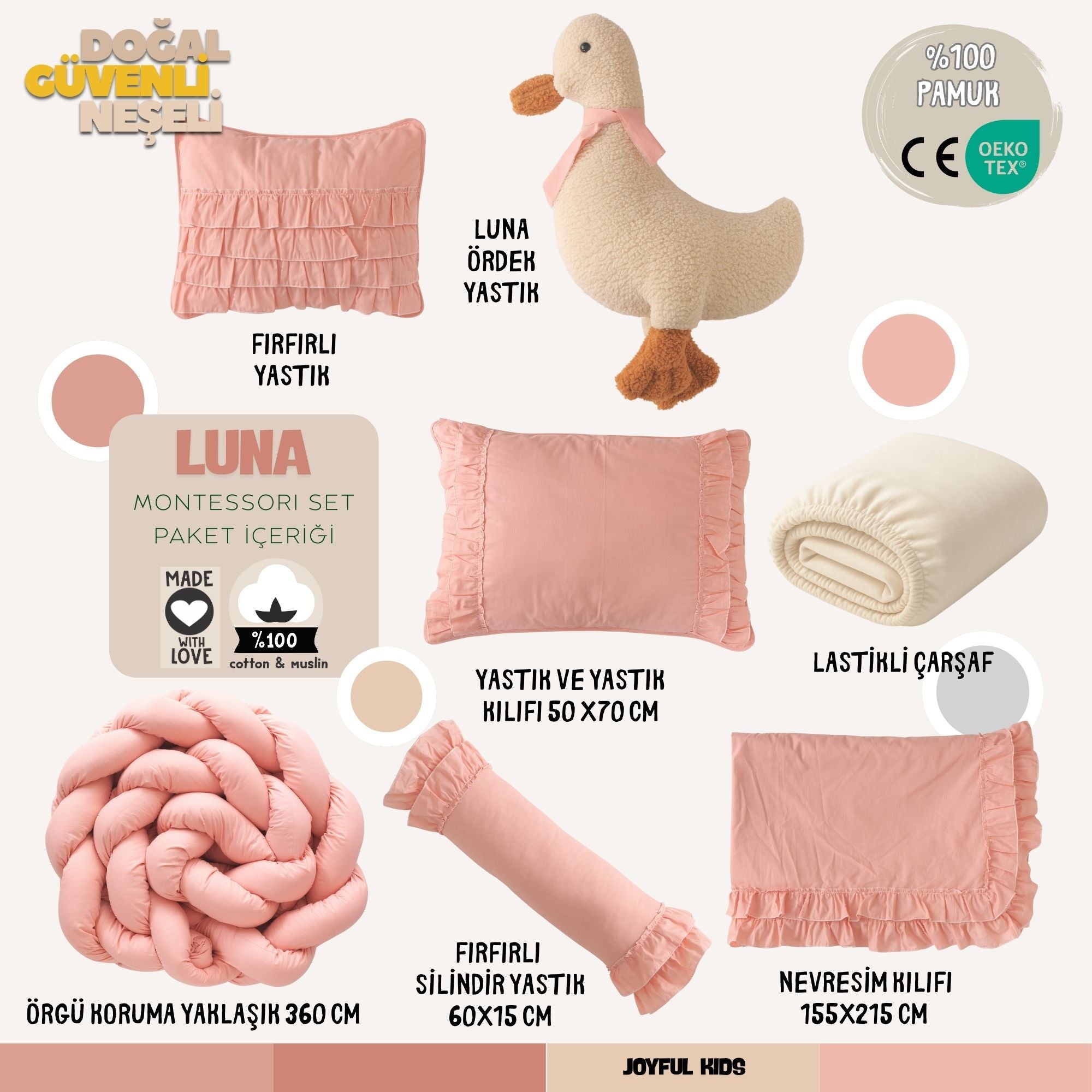 8 parça Luna Pembe Montessori uyku seti içeriği; örgü koruma, Welsoft ördek yastık, pamuk nevresim.