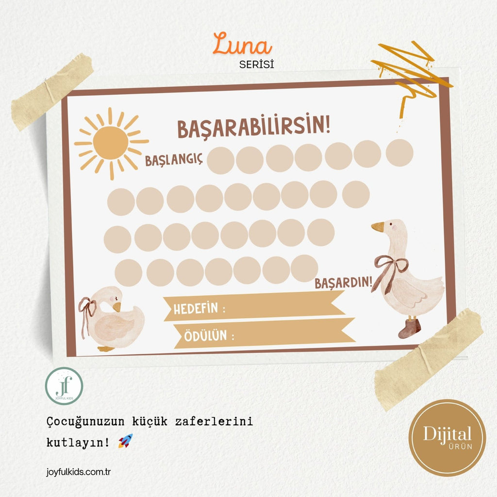 Başarabilirsin! Luna Temalı Çocuk Hedef ve Ödül Takip Kartı | Dijital İndirme | Dijital İndirilebilir Ürün - Joyful Kids
