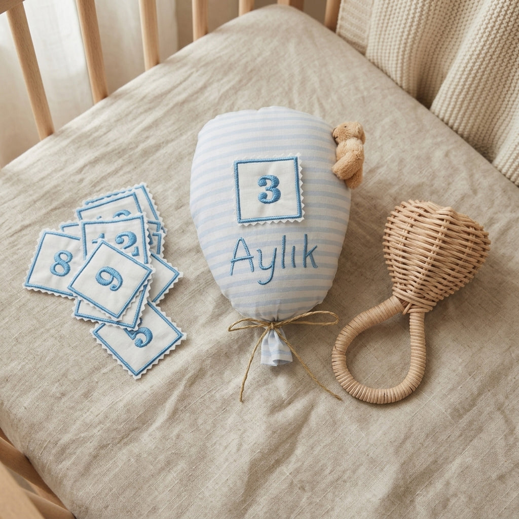 Bebek ay takip balonu jüt ip bağcık detayı, mavi çizgili