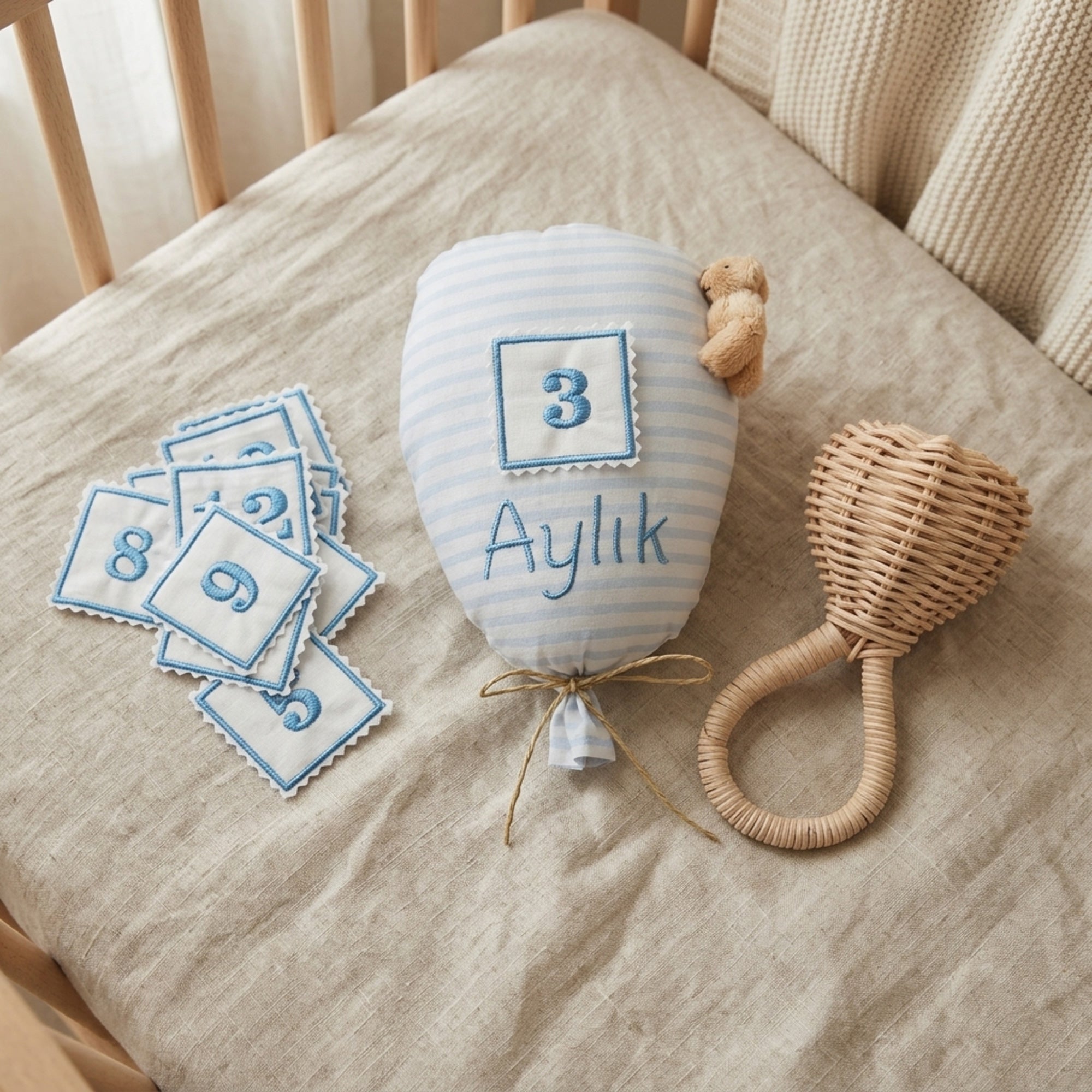 Bebek ay takip balonu jüt ip bağcık detayı, mavi çizgili