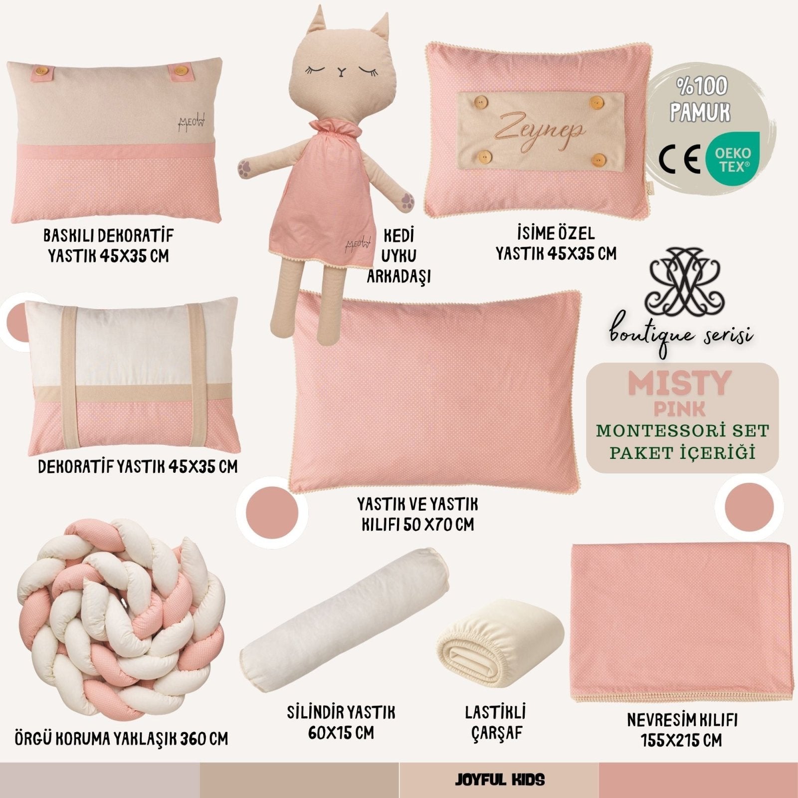 Kız Bebek Montessori Uyku Seti | Pembe Ponpon Kedi | 8 Parça | Joyful Kids | Bebek Uyku Seti - Joyful Kids