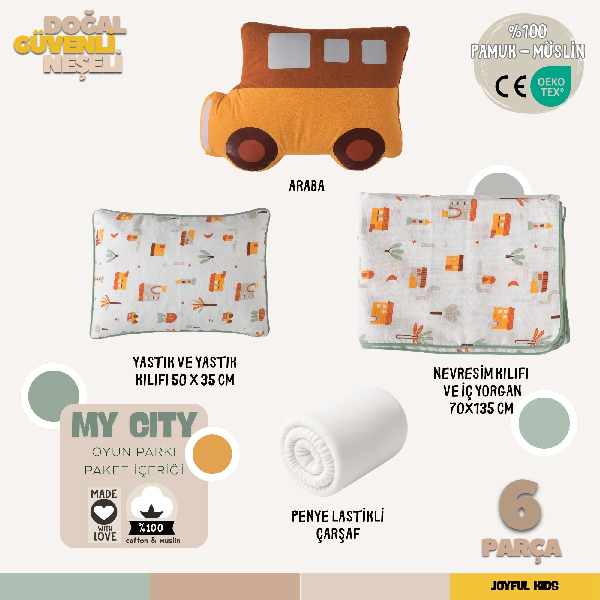 Oyun Parkı Uyku Seti My City | Erkek Bebek Şehir Temalı | %100 Müslin 6 Parça | Joyful Kids