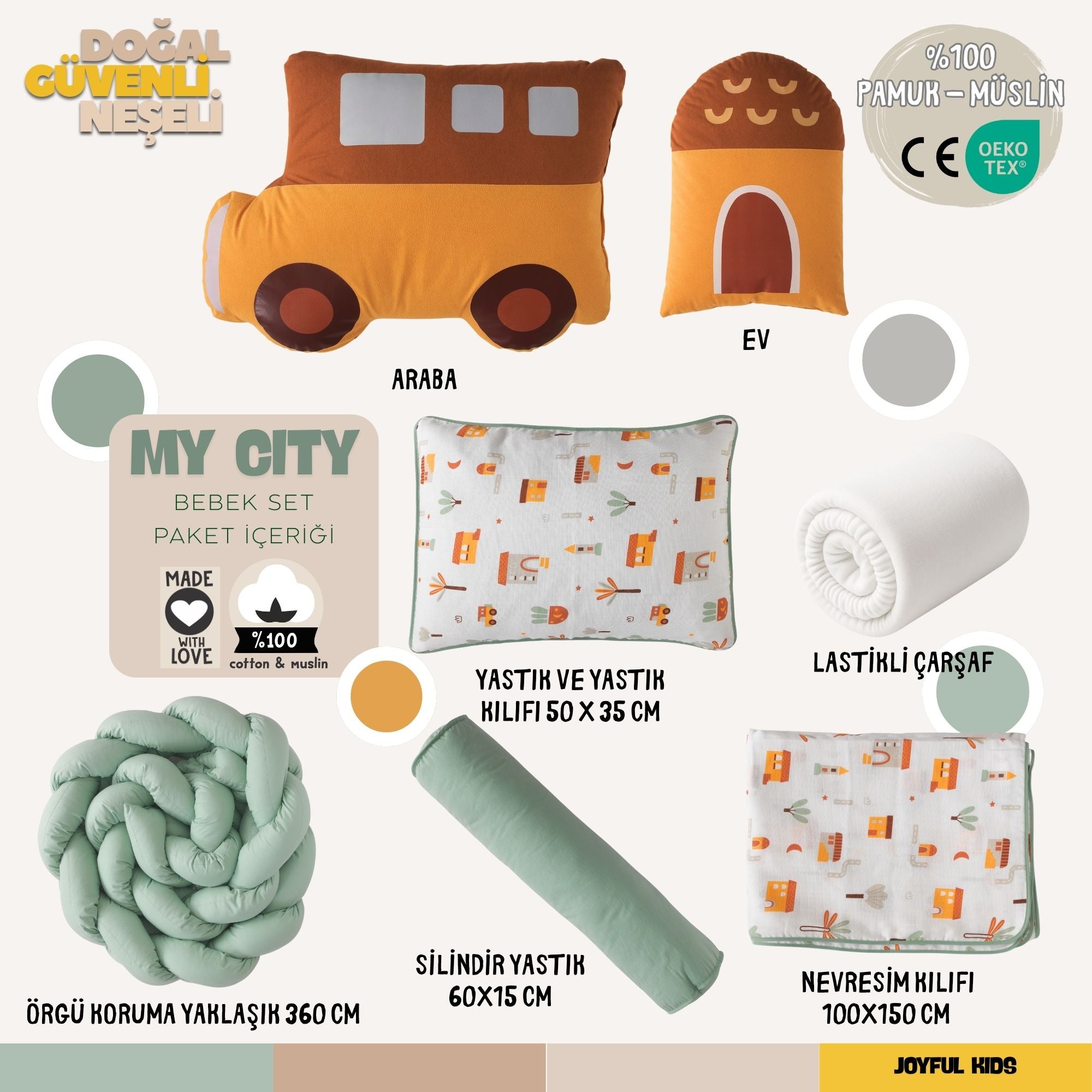 Şehir konseptli bebek odaları için 8 parçalık yeşil ve sarı uyku seti görünümü.