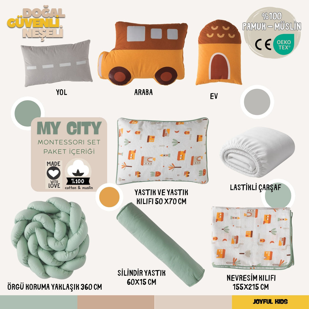 9 parça My City Montessori set içeriği: Araba, ev ve yol yastıklı tam set.