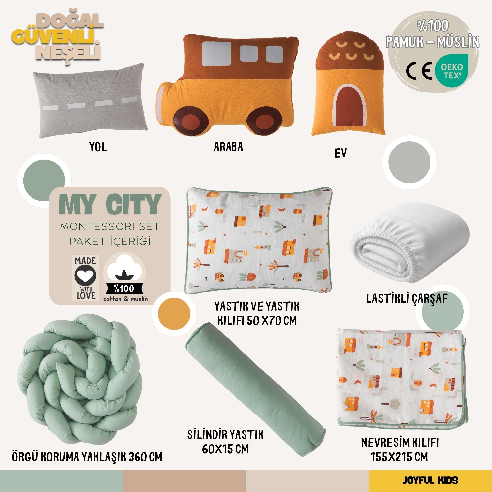 9 parça My City Montessori set içeriği: Araba, ev ve yol yastıklı tam set.