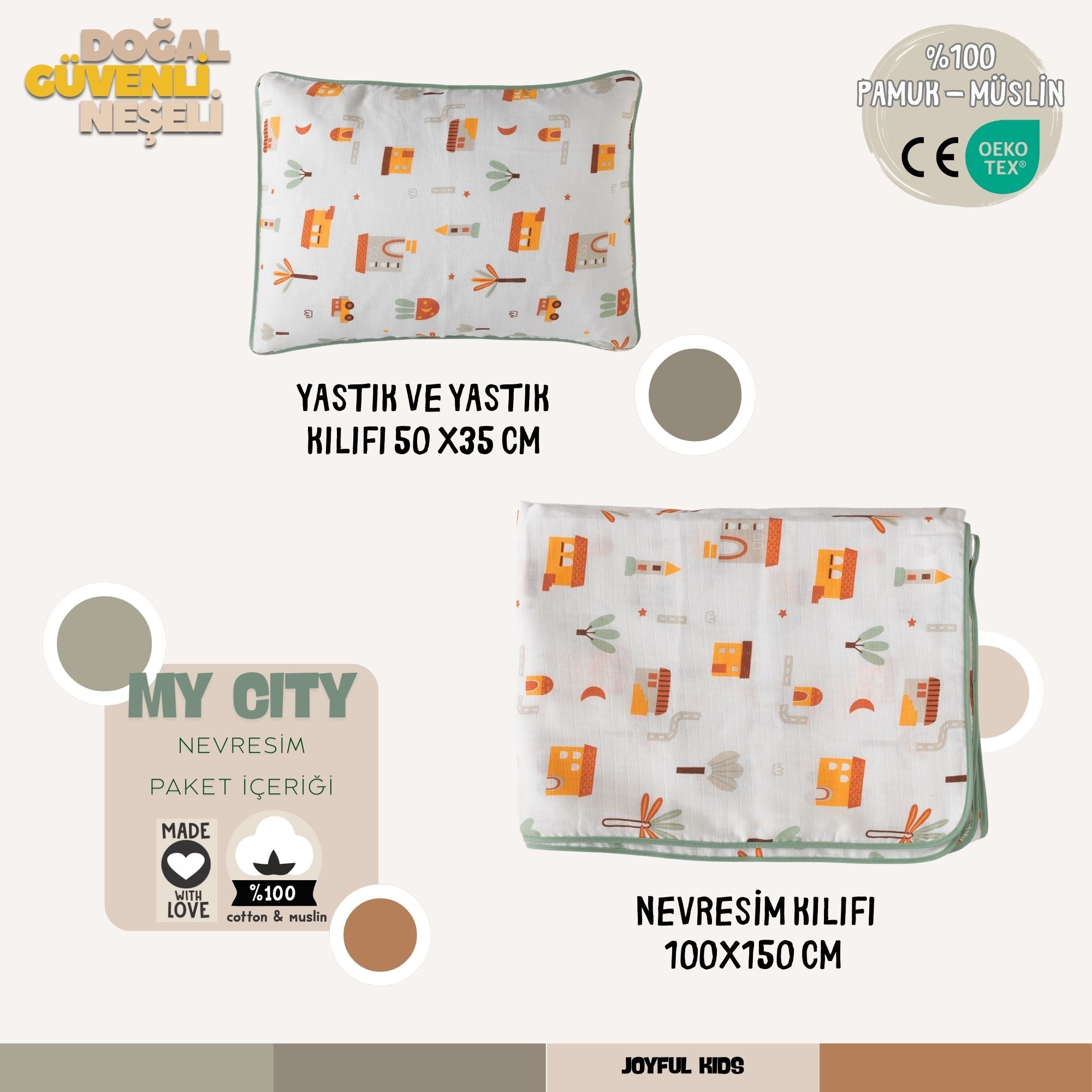 100x150 cm nevresim, yastık kılıfı ve iç yastıktan oluşan My City ürün paketi.