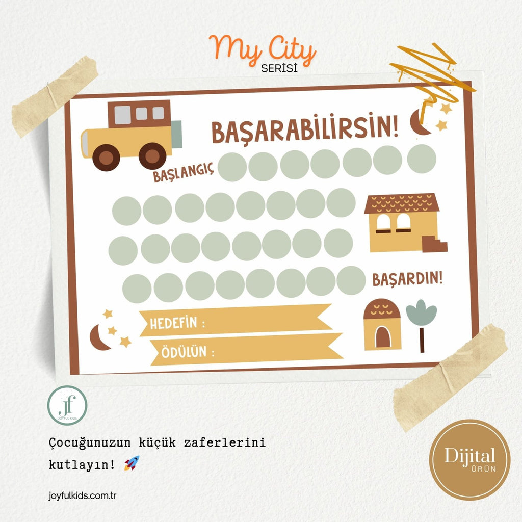 Başarabilirsin! My City Temalı Çocuk Hedef ve Ödül Takip Kartı | Dijital İndirme | Dijital İndirilebilir Ürün - Joyful Kids
