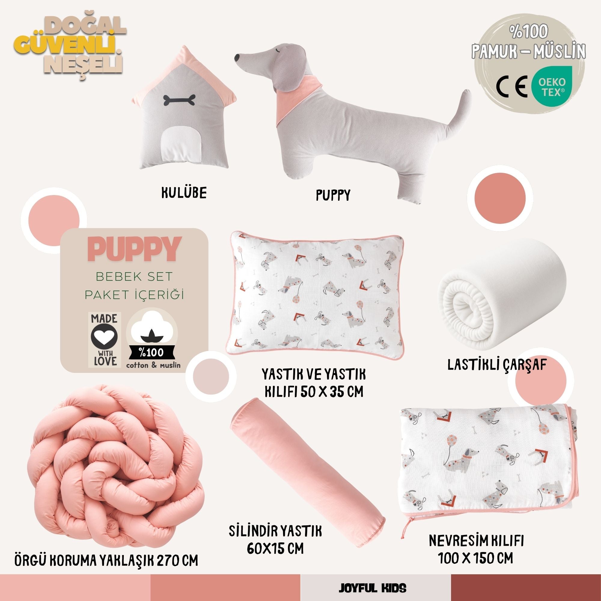 Pembe ve gri tonlarında tasarlanmış köpek temalı bebek uyku seti genel kurgusu.
